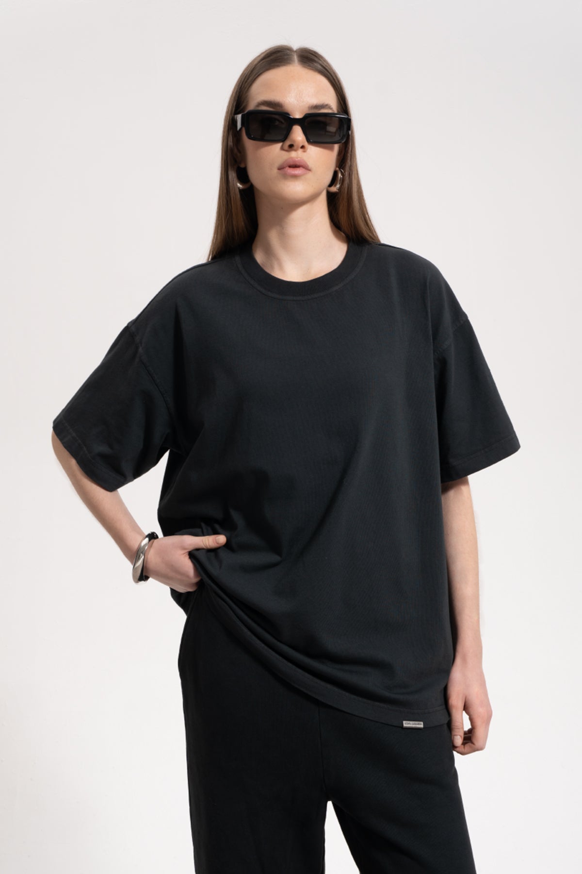 Kadın Oversized Washed Basic T-Shirt - Siyah