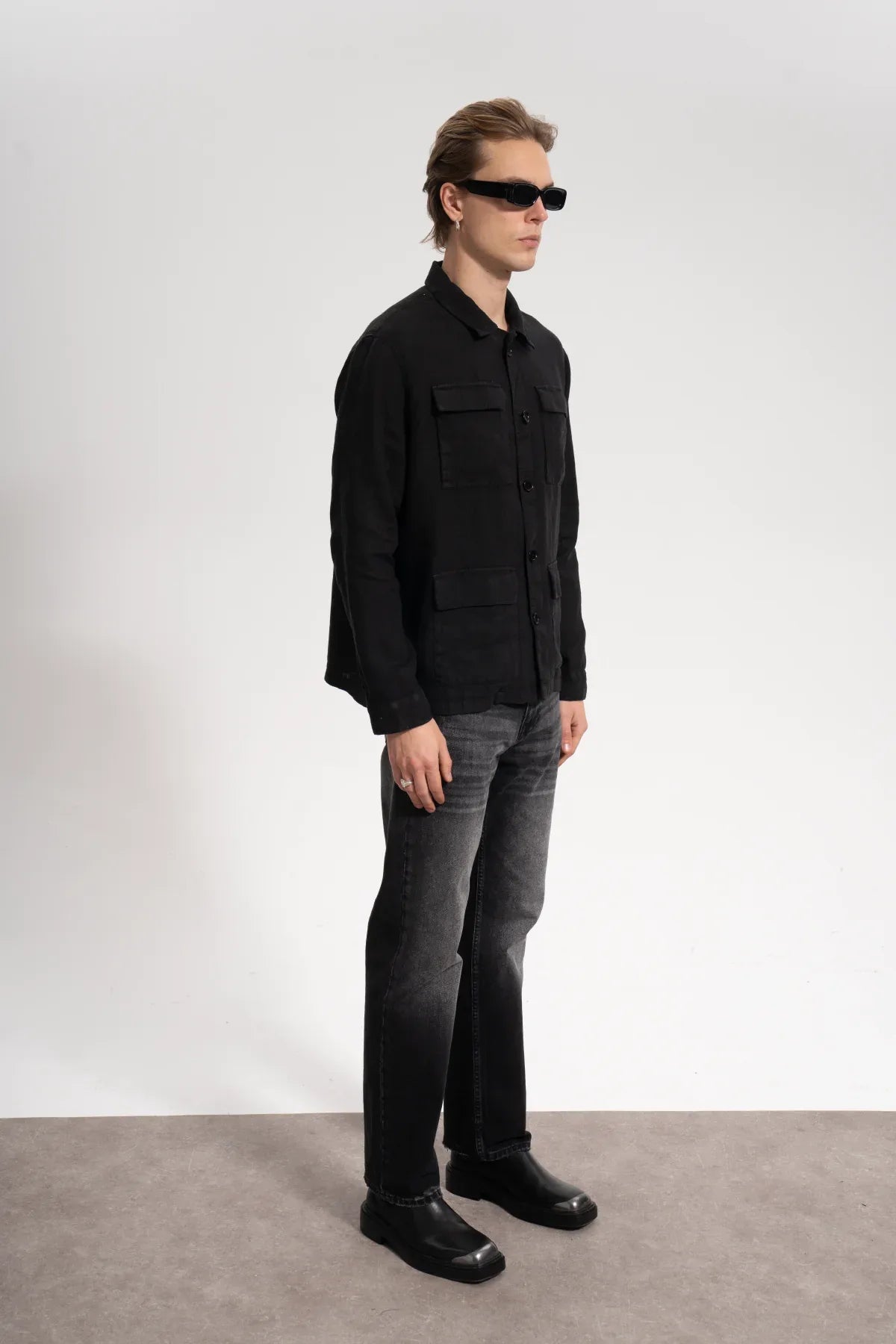 Erkek Relaxed Fit Linen Shirt - Siyah - REST 147