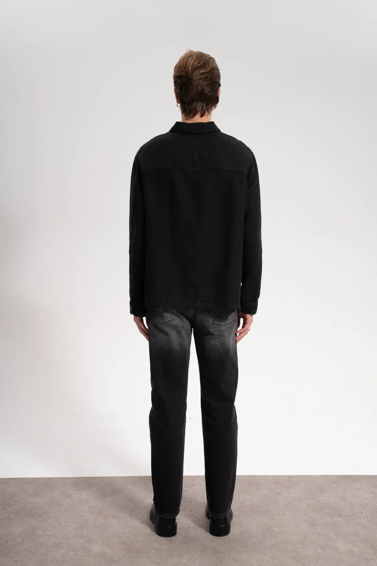 Erkek Relaxed Fit Linen Shirt - Siyah - REST 147