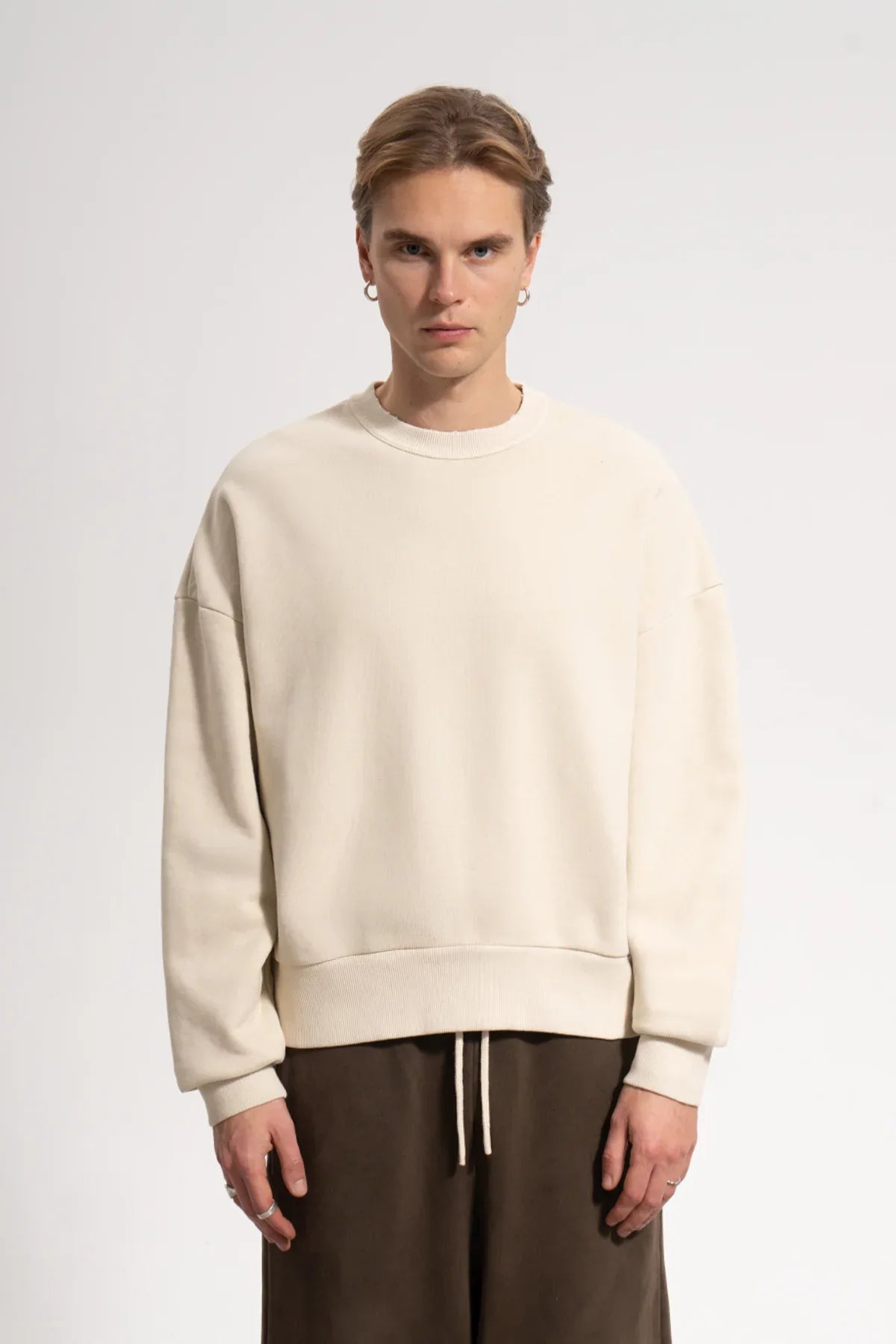 Erkek Oversized Washed Distressed Sweatshirt - Bej - REST 147