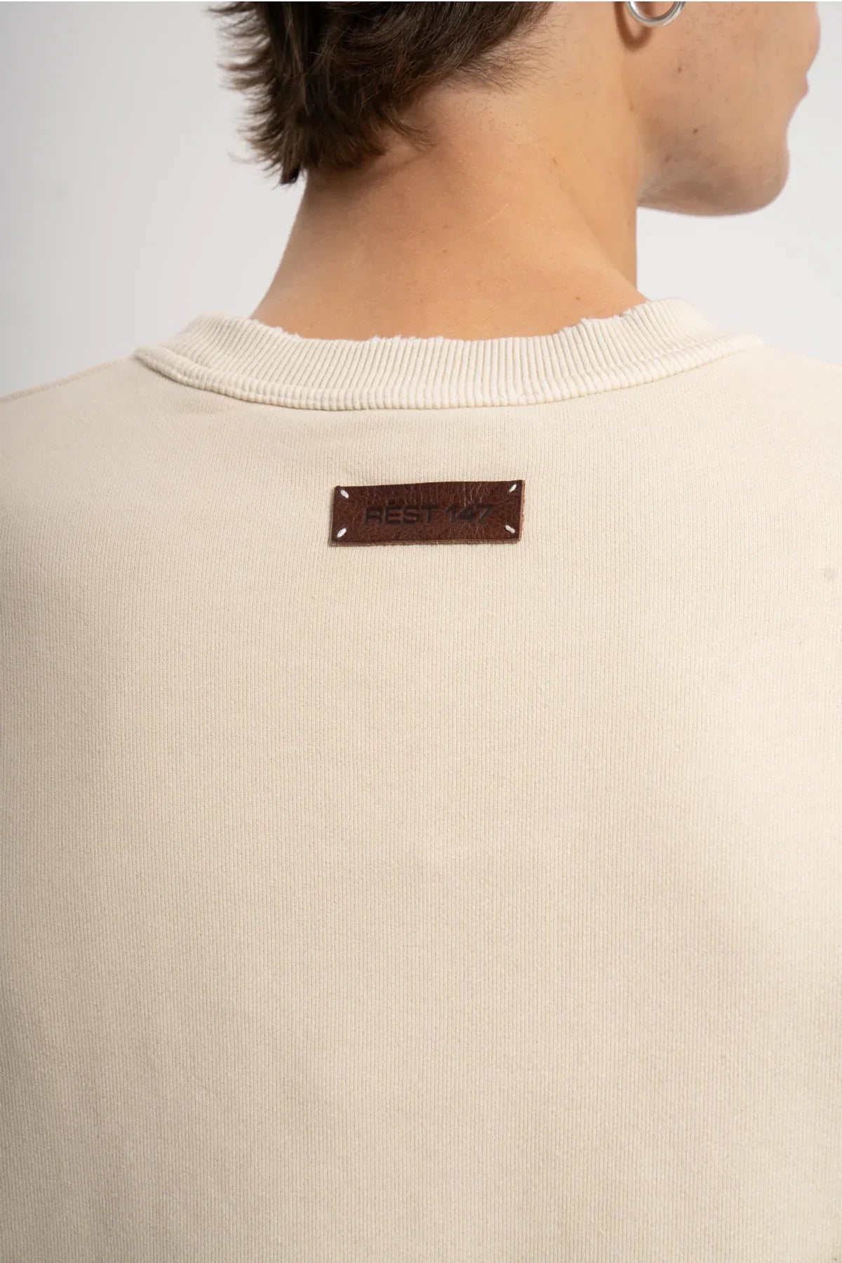 Erkek Oversized Washed Distressed Sweatshirt - Bej - REST 147