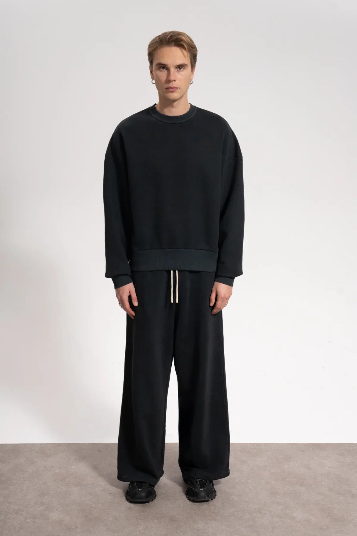 Erkek Oversized Washed Distressed Sweatshirt - Siyah - REST 147