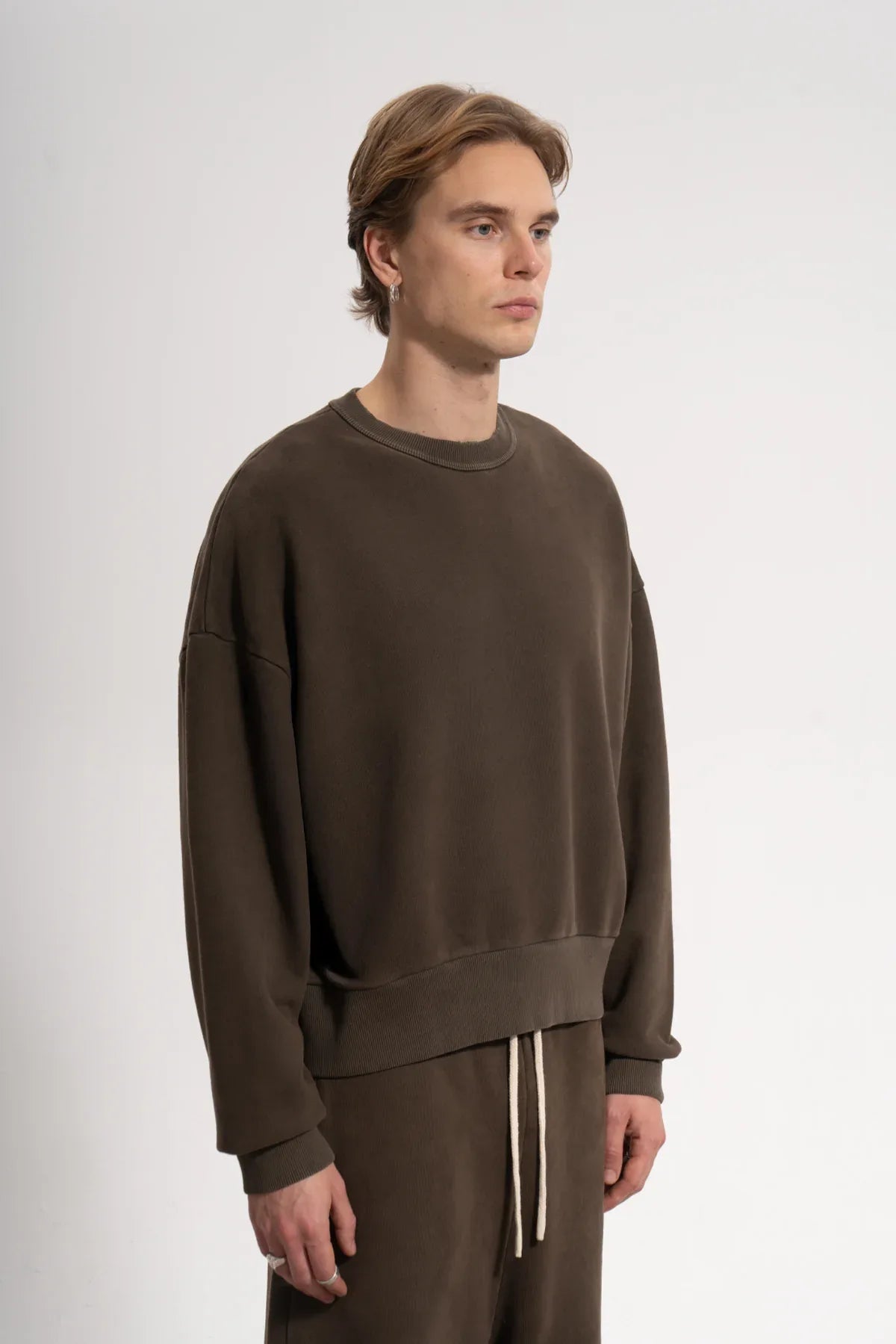 Erkek Oversized Washed Distressed Sweatshirt - Kahverengi - REST 147