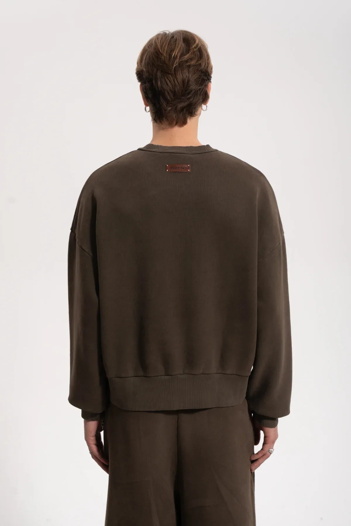 Erkek Oversized Washed Distressed Sweatshirt - Kahverengi - REST 147