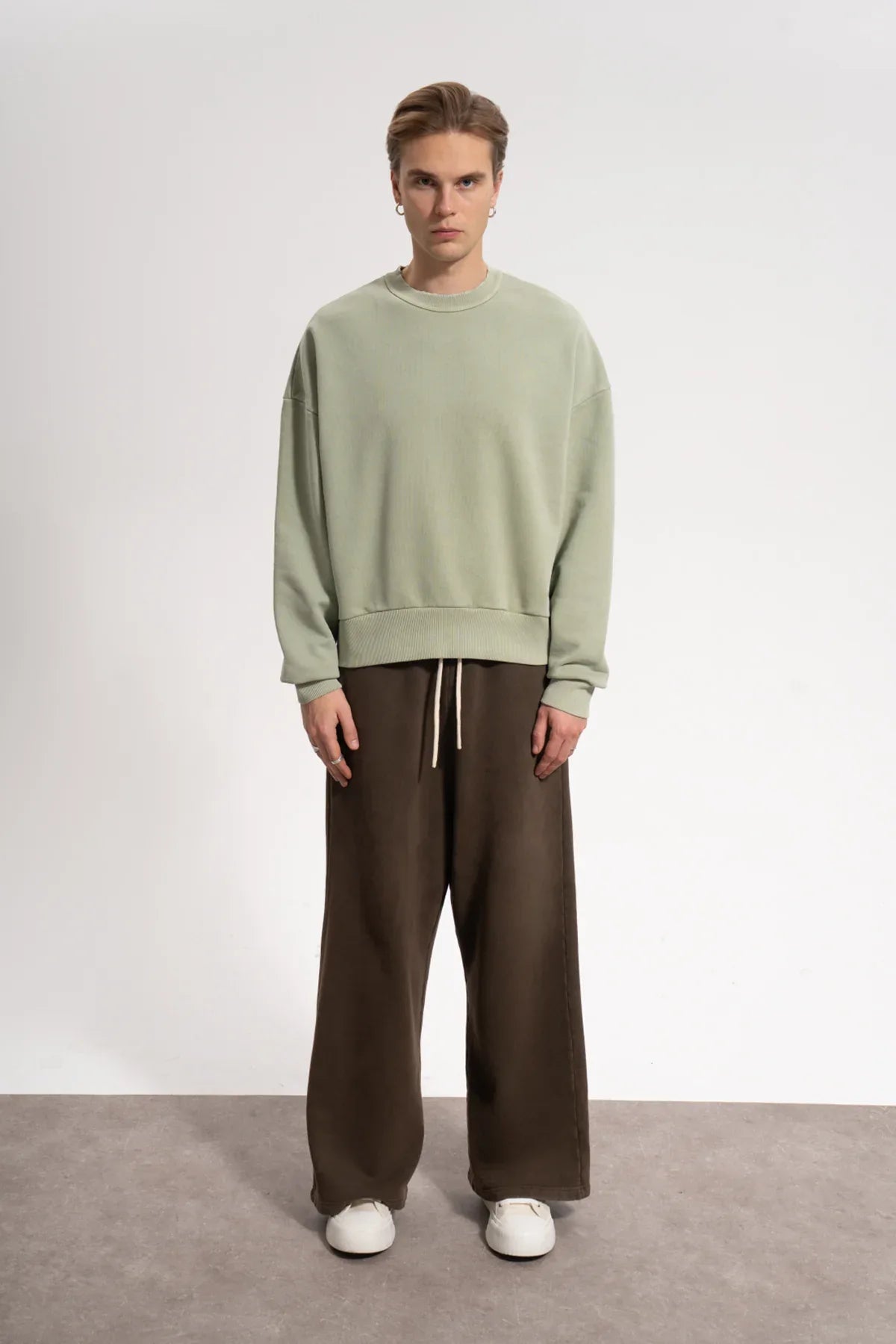 Erkek Oversized Washed Distressed Sweatshirt - Yeşil - REST 147