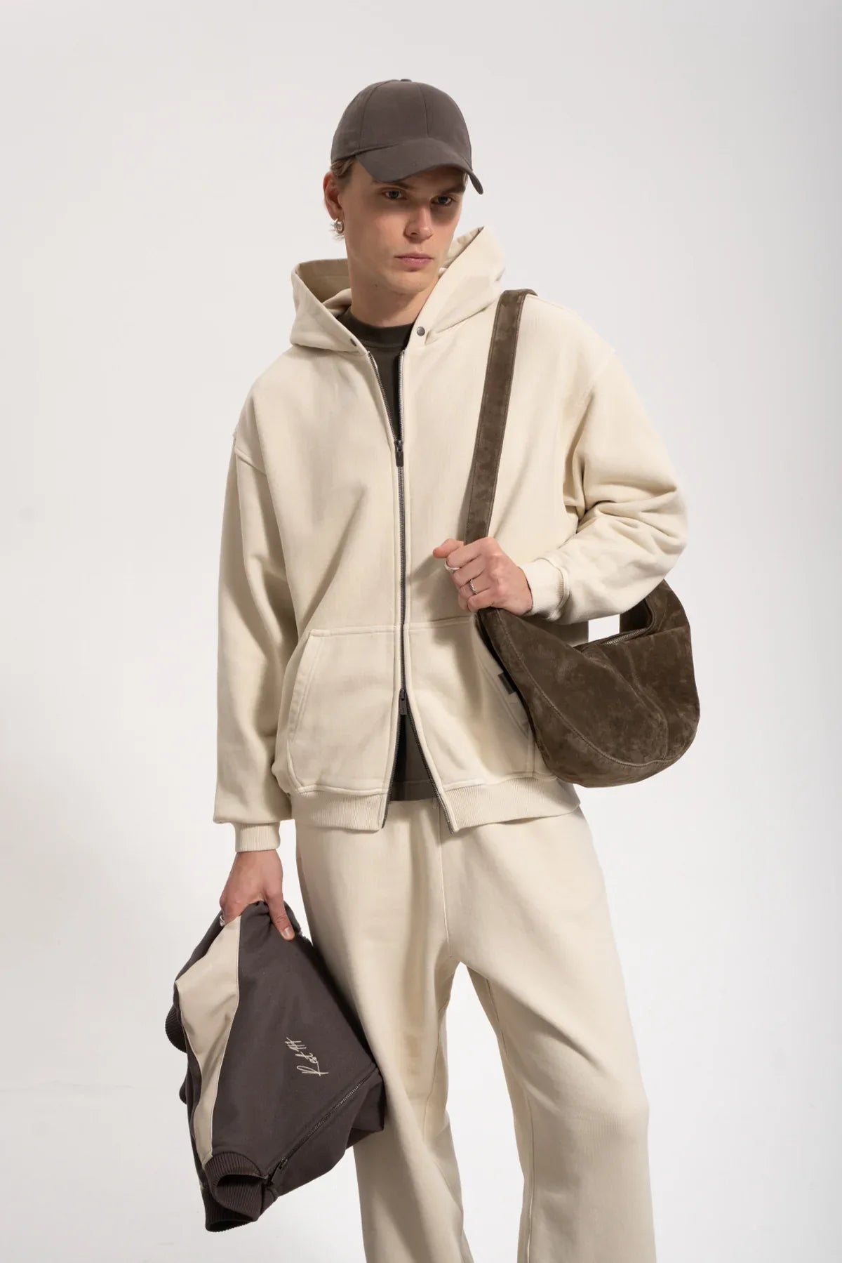 Erkek Oversized Washed Zip Hoodie - Bej - REST 147