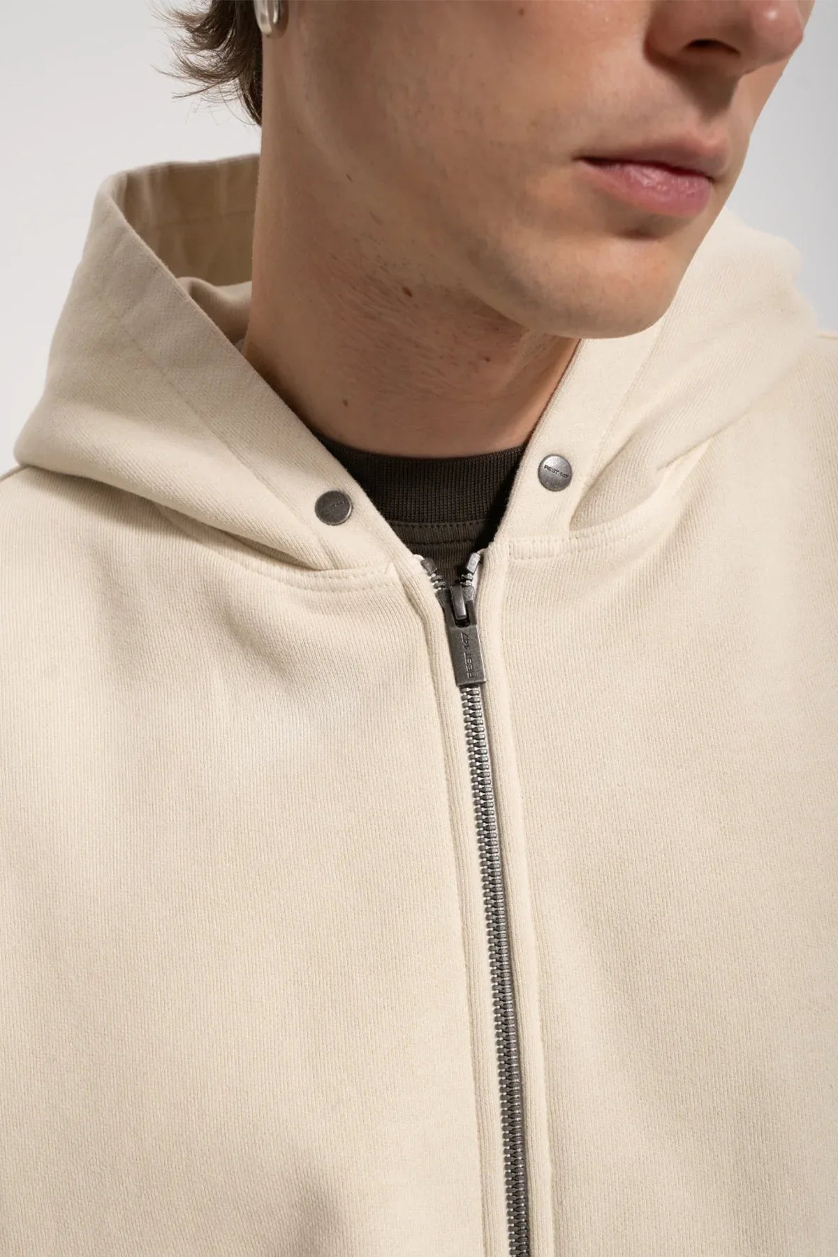 Erkek Oversized Washed Zip Hoodie - Bej - REST 147