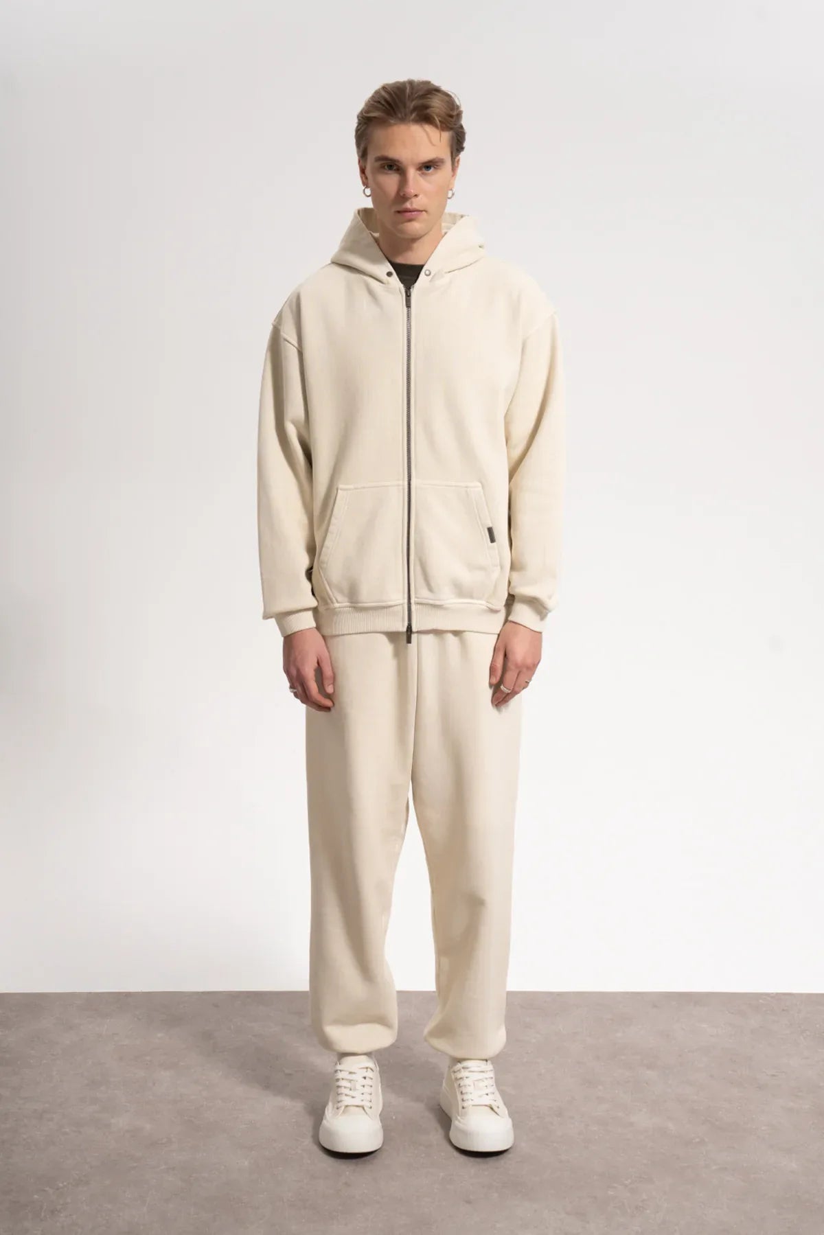 Erkek Oversized Washed Zip Hoodie - Bej - REST 147