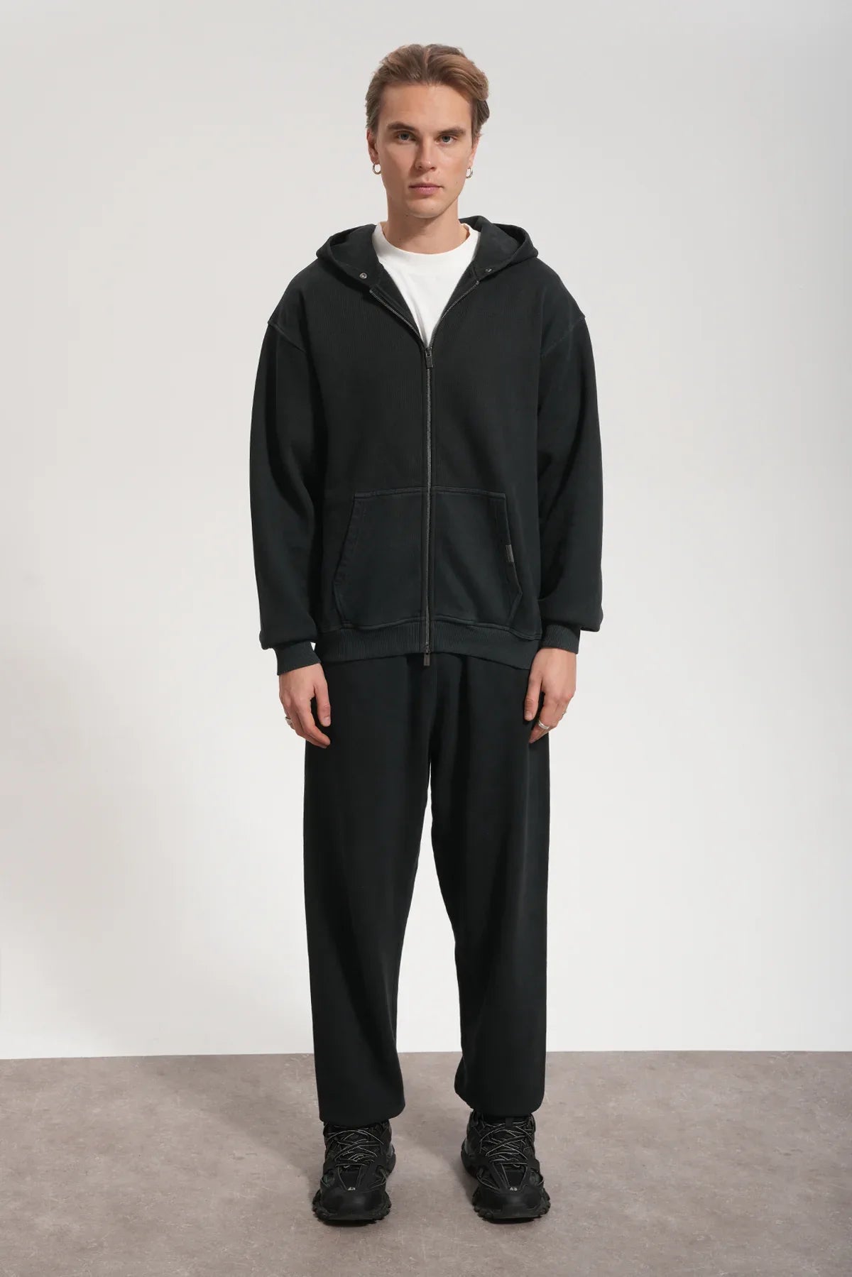 Erkek Oversized Washed Zip Hoodie - Siyah - REST 147