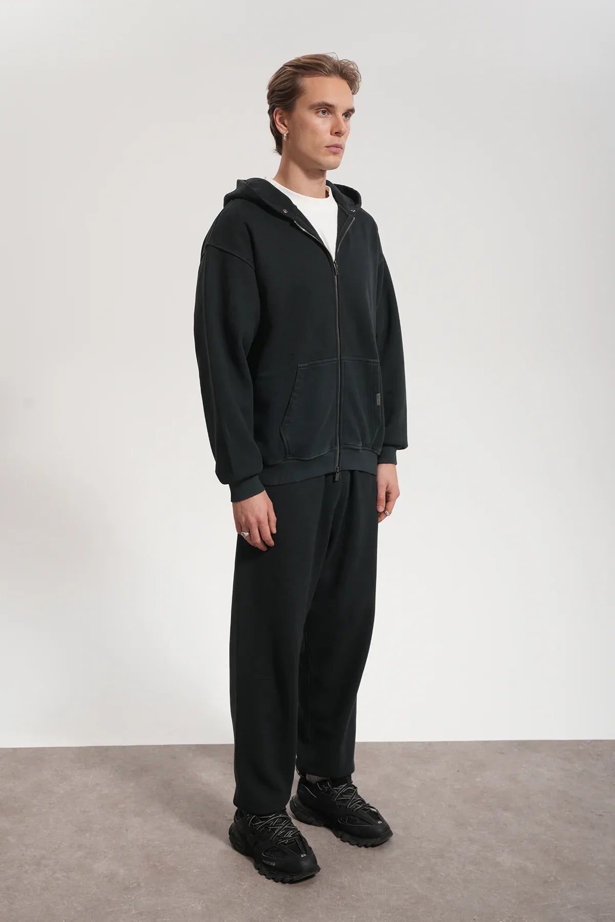 Erkek Oversized Washed Zip Hoodie - Siyah - REST 147
