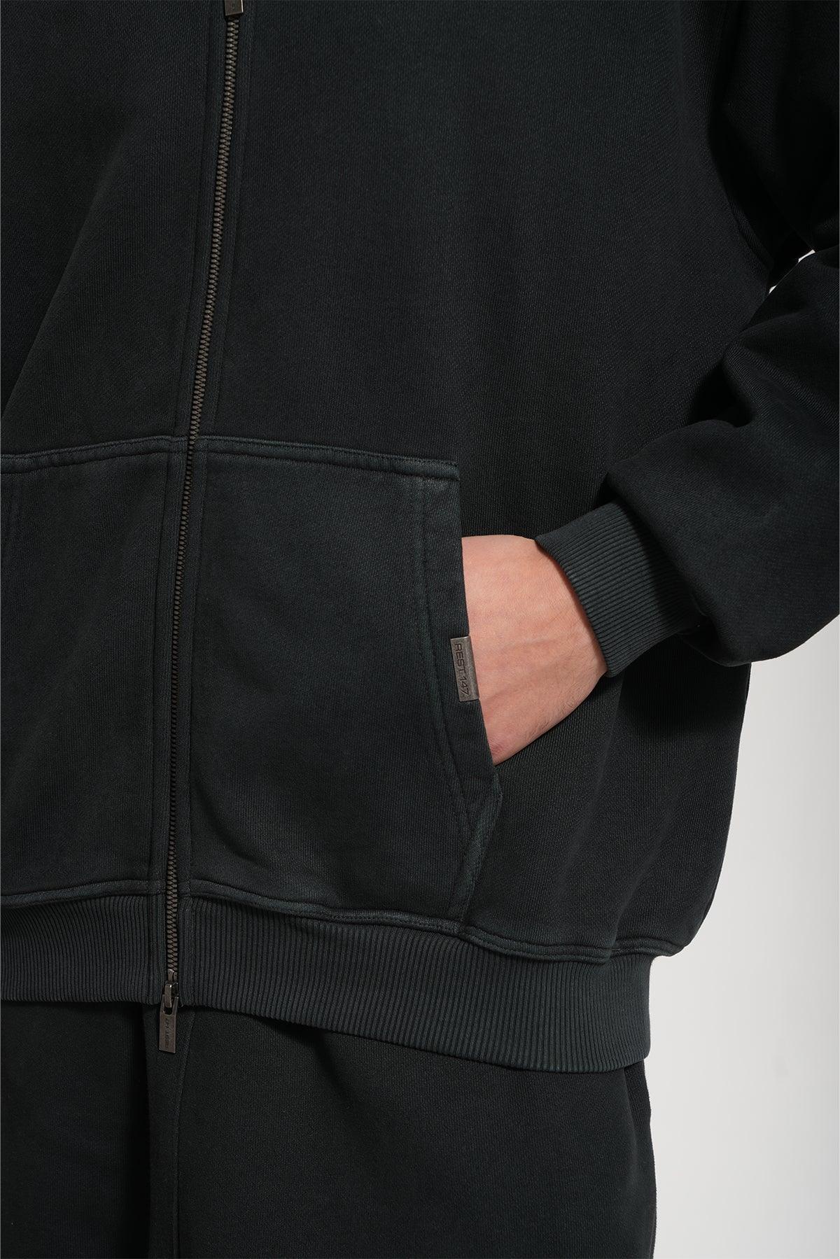 Erkek Oversized Washed Zip Hoodie - Siyah - REST 147