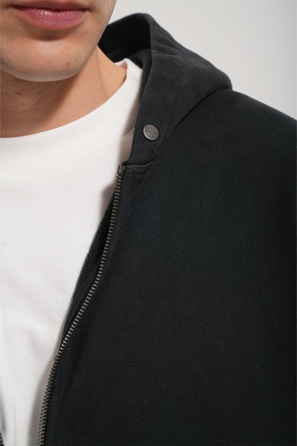 Erkek Oversized Washed Zip Hoodie - Siyah - REST 147