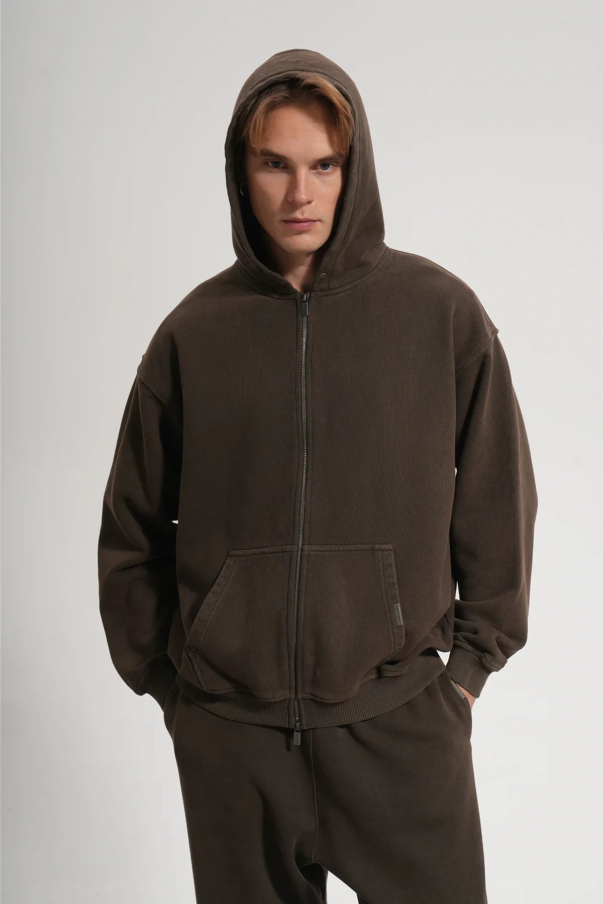 Erkek Oversized Washed Zip Hoodie - Kahverengi - REST 147