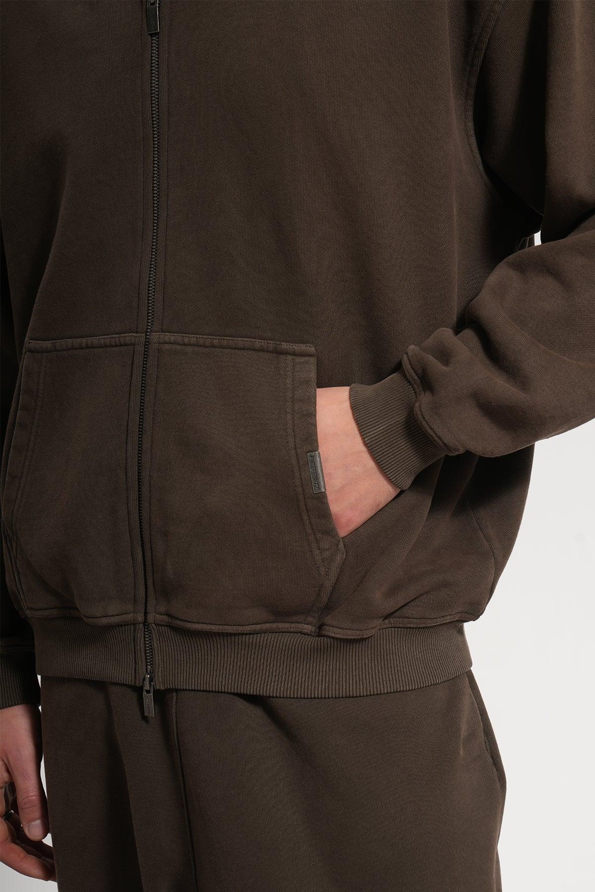 Erkek Oversized Washed Zip Hoodie - Kahverengi - REST 147