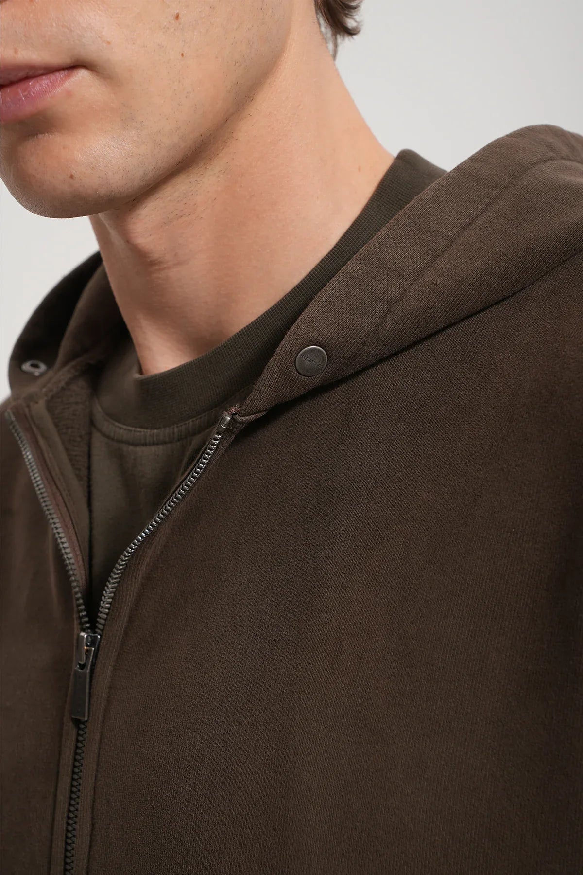 Erkek Oversized Washed Zip Hoodie - Kahverengi - REST 147