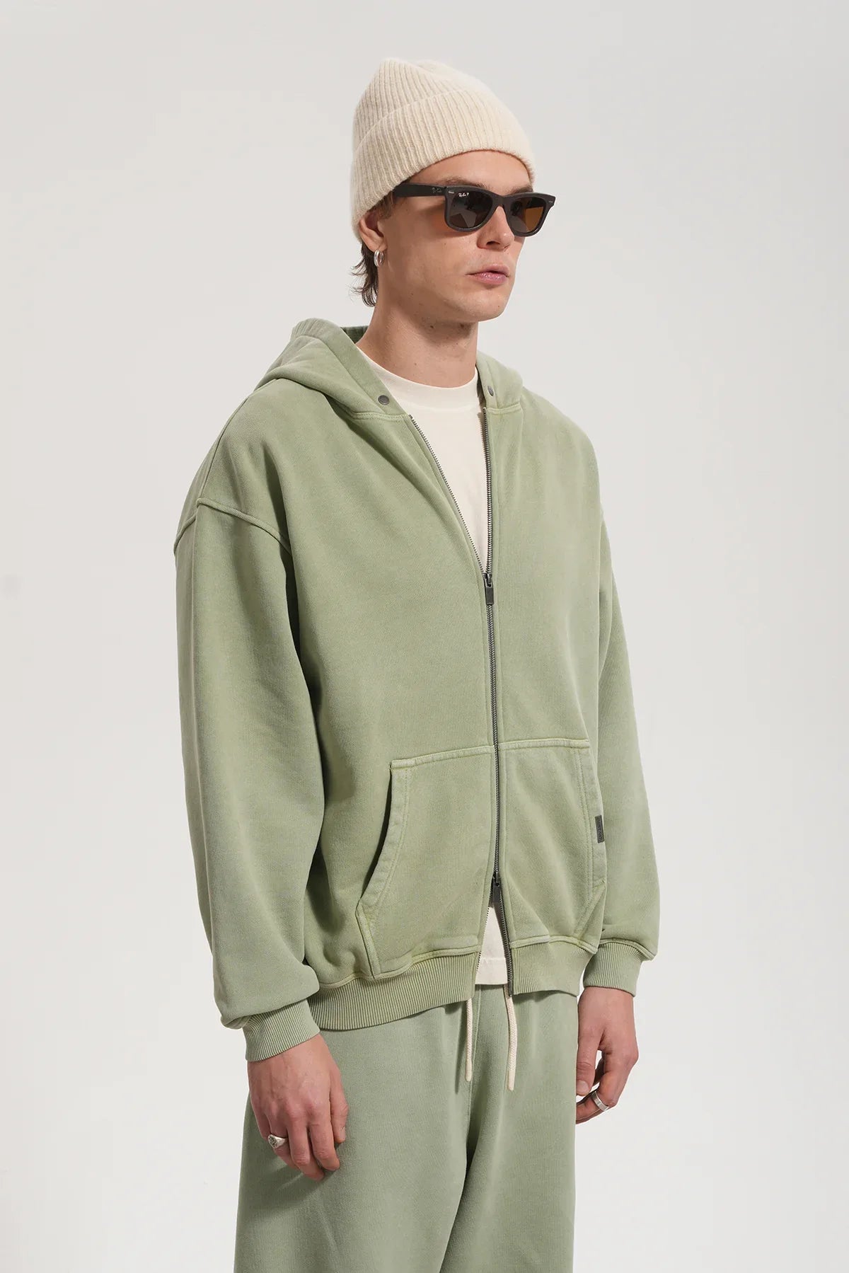 Erkek Oversized Washed Zip Hoodie - Yeşil - REST 147