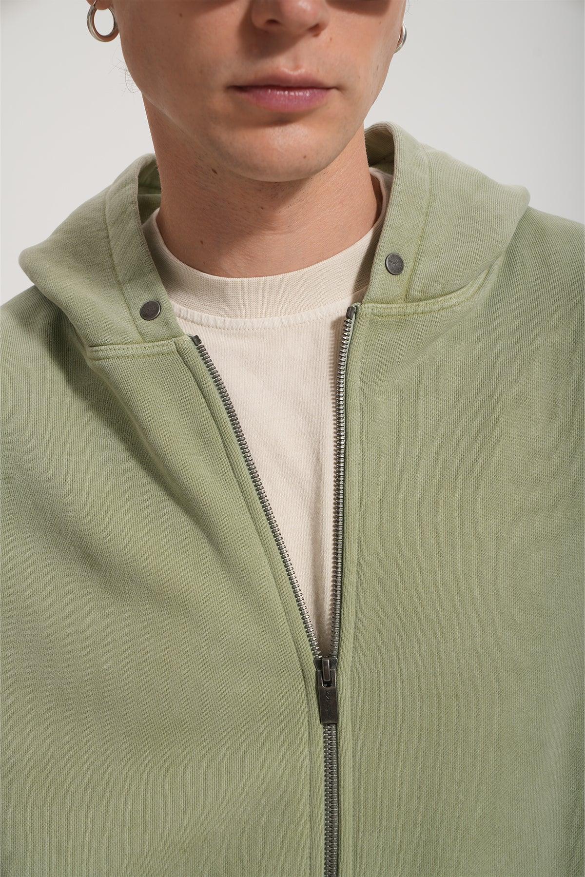 Erkek Oversized Washed Zip Hoodie - Yeşil - REST 147