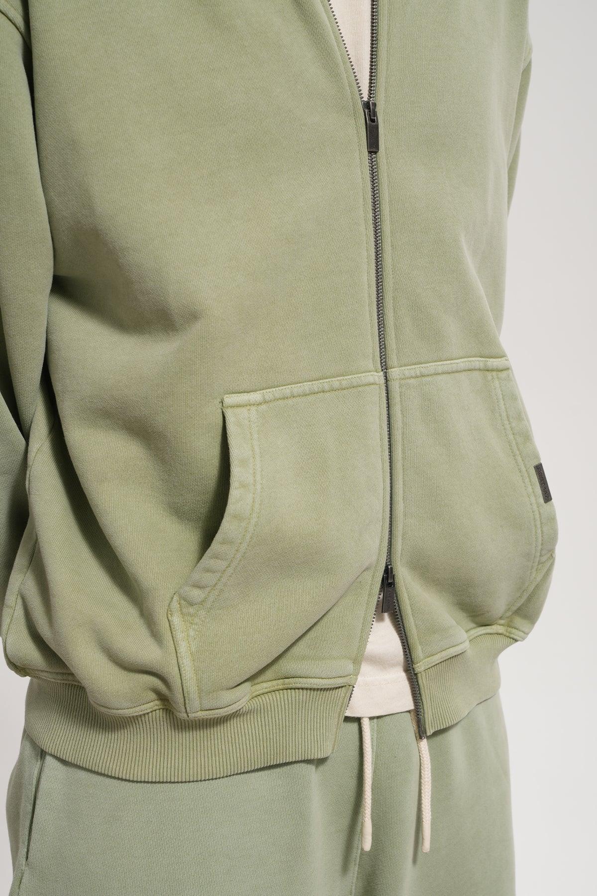 Erkek Oversized Washed Zip Hoodie - Yeşil - REST 147