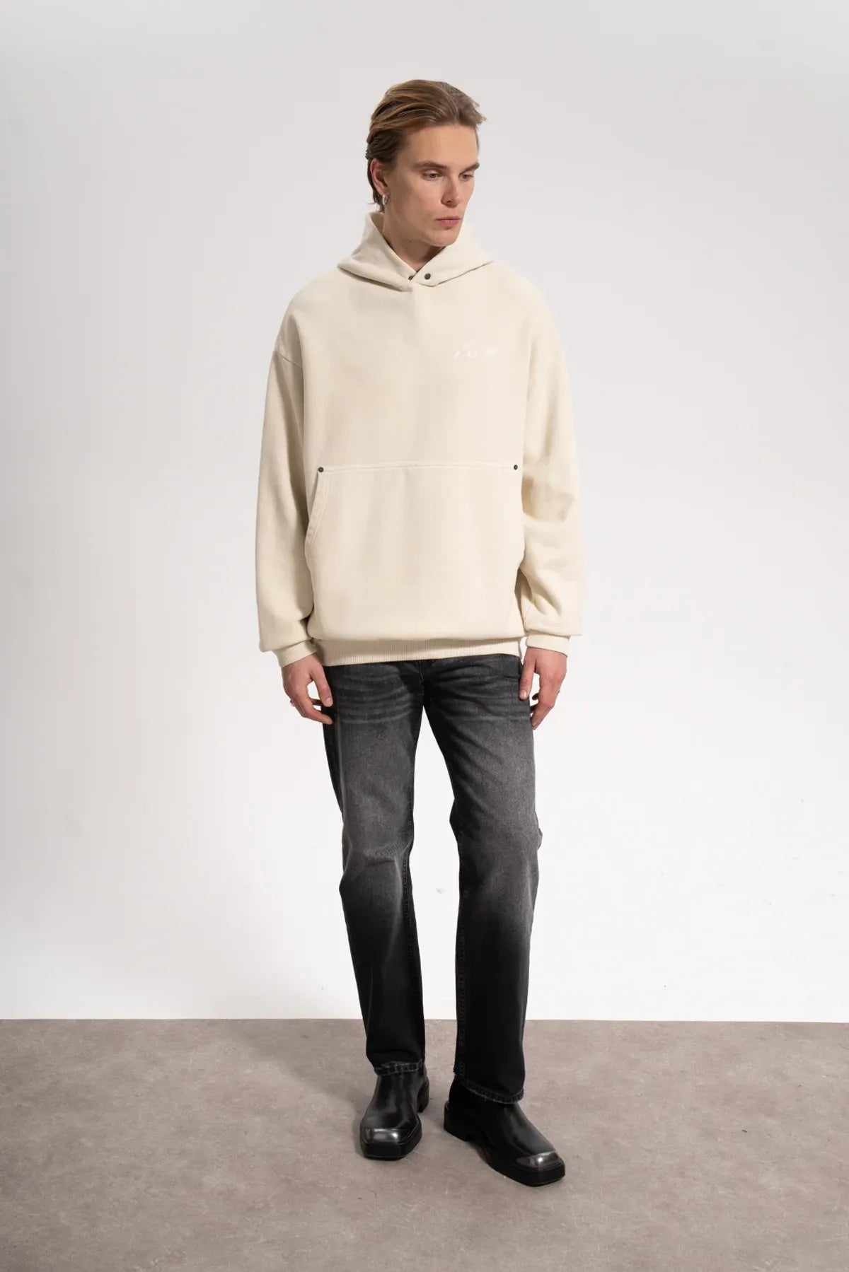 Erkek Oversized Washed Embroidered Hoodie - Bej - REST 147