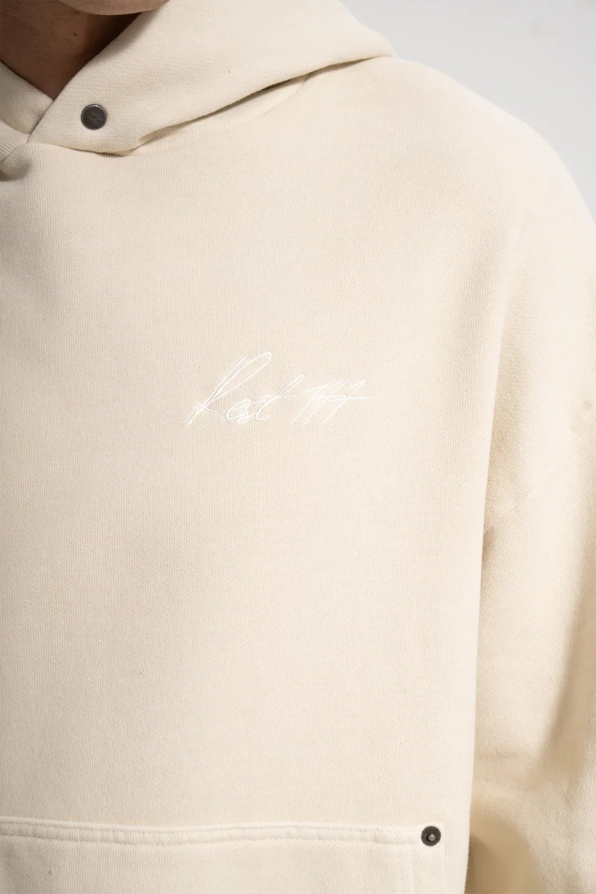 Erkek Oversized Washed Embroidered Hoodie - Bej - REST 147