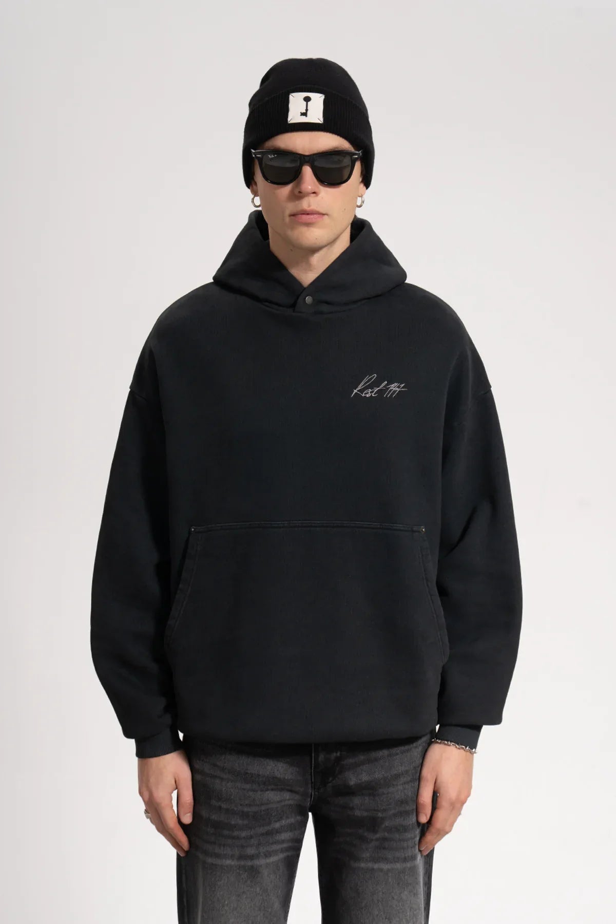 Erkek Oversized Washed Embroidered Hoodie - Siyah - REST 147