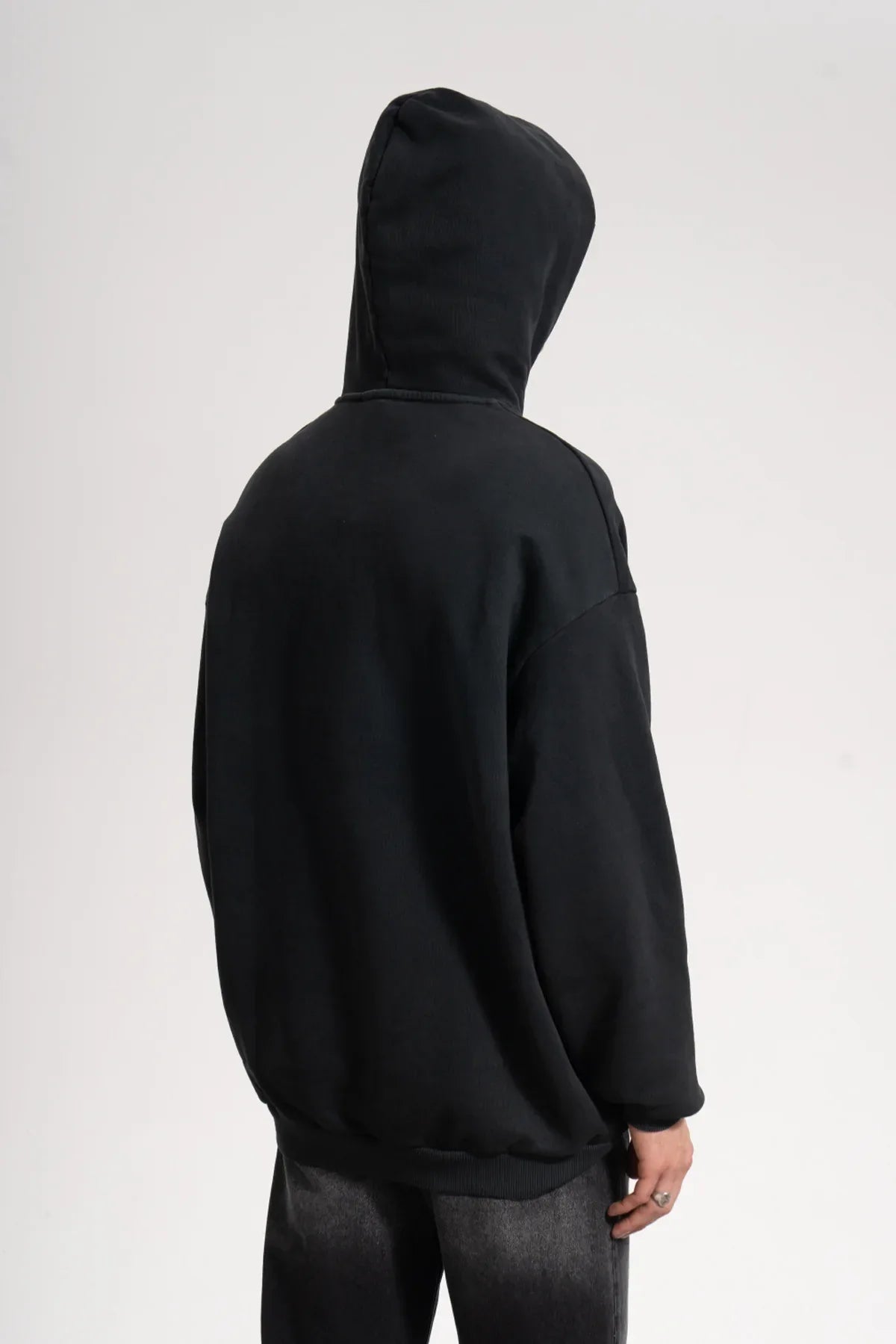 Erkek Oversized Washed Embroidered Hoodie - Siyah - REST 147