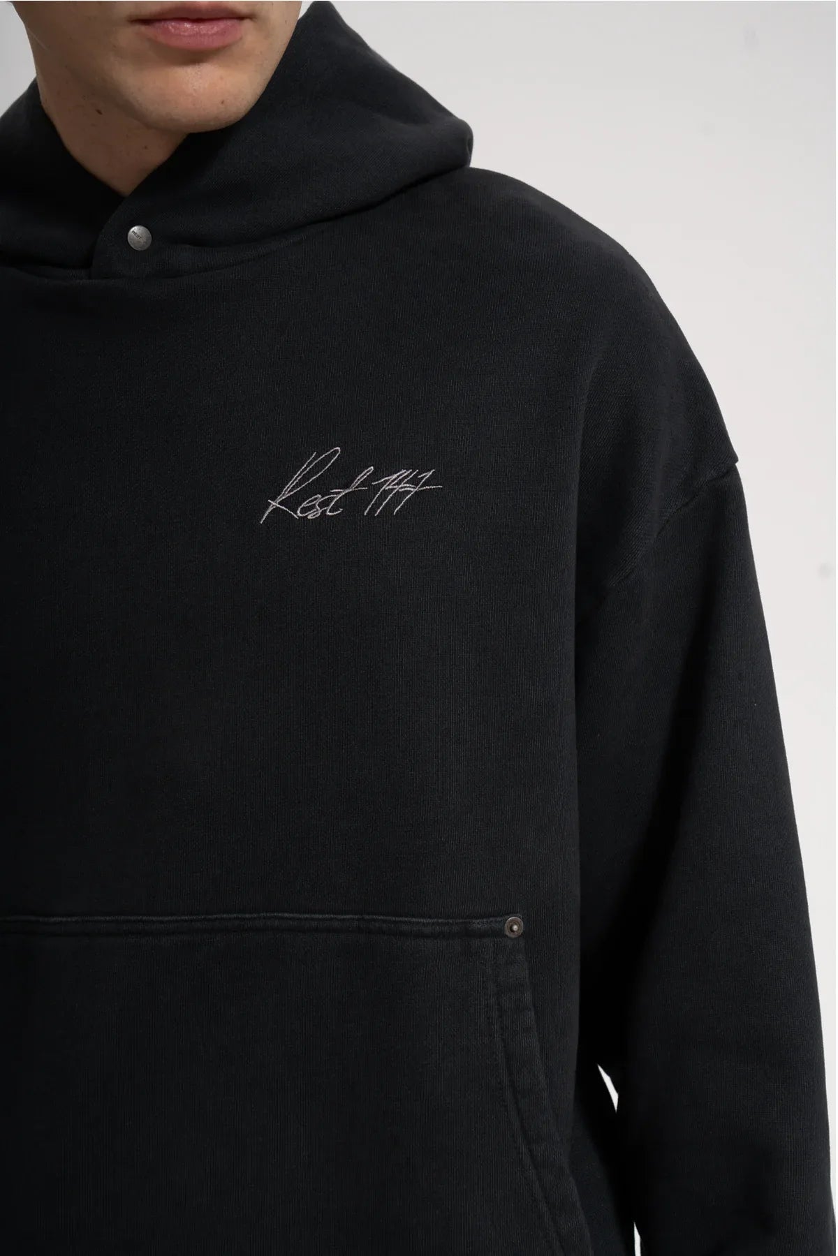 Erkek Oversized Washed Embroidered Hoodie - Siyah - REST 147
