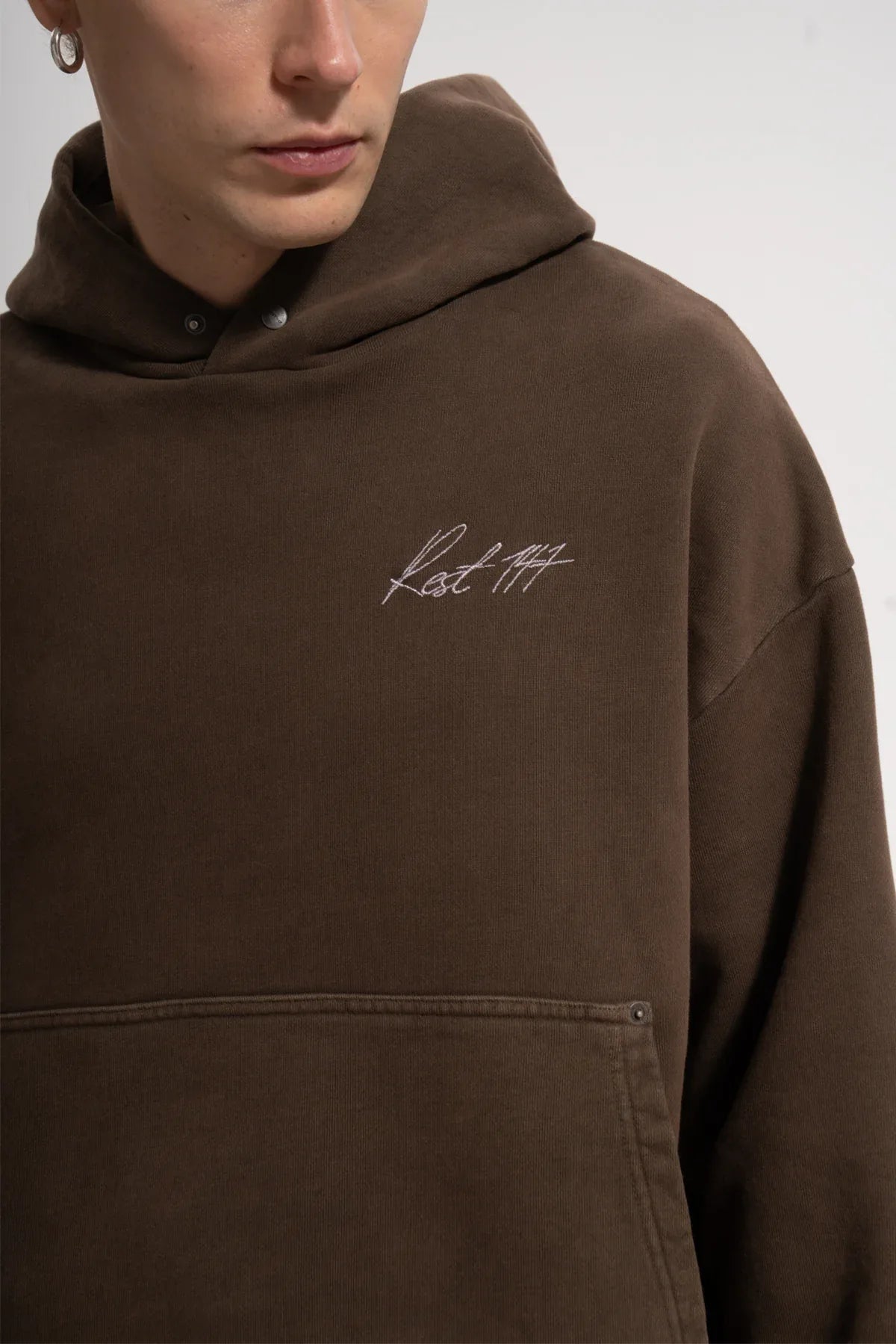 Erkek Oversized Washed Embroidered Hoodie - Kahverengi - REST 147