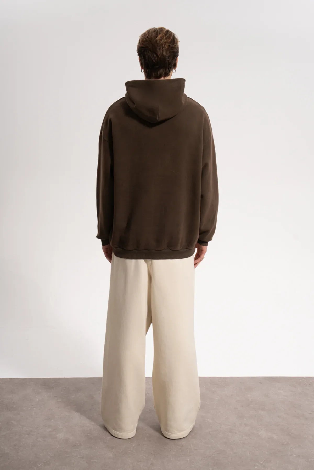 Erkek Oversized Washed Embroidered Hoodie - Kahverengi - REST 147