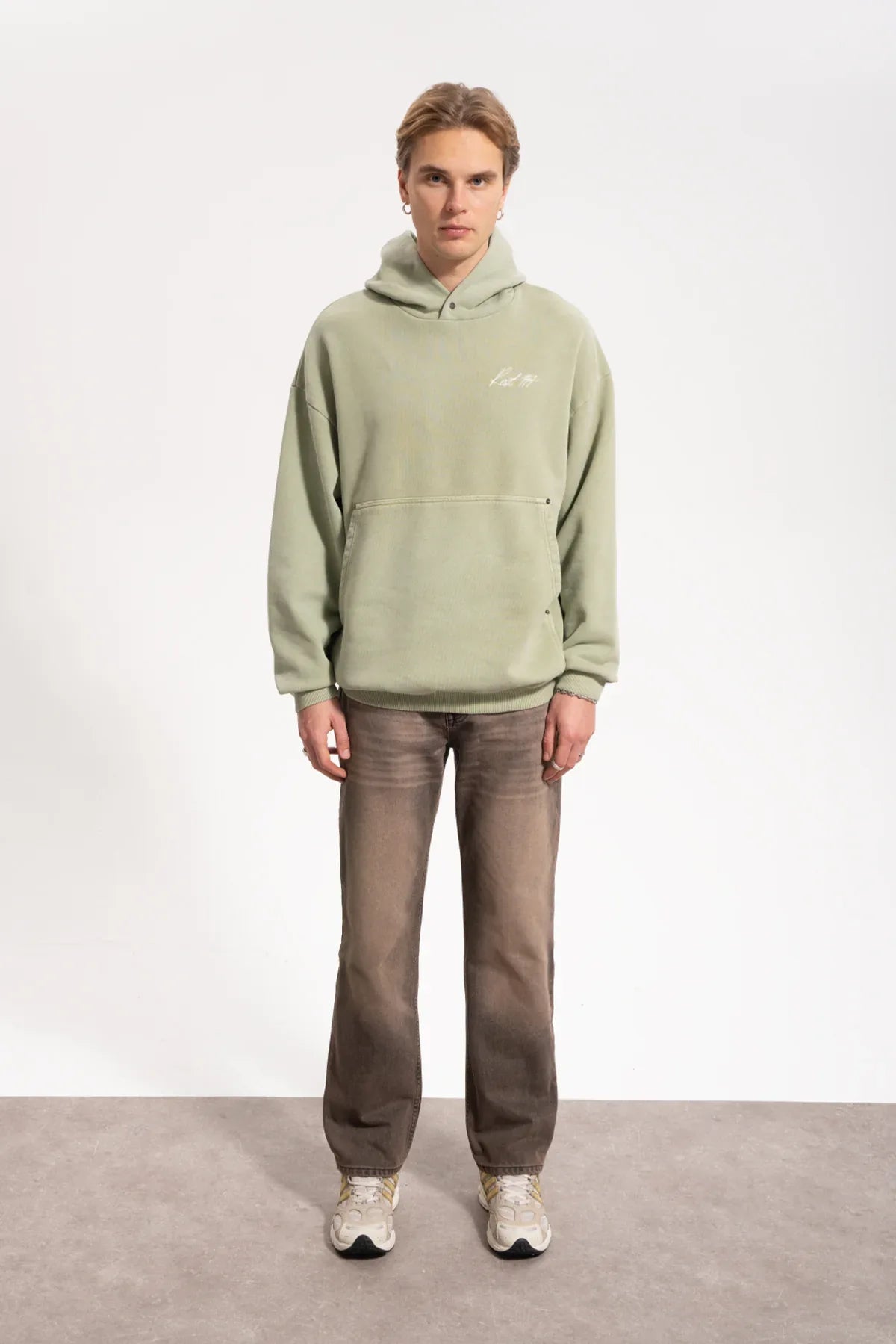 Erkek Oversized Washed Embroidered Hoodie - Yeşil - REST 147