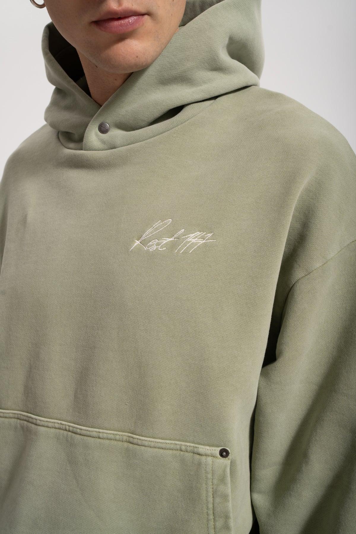 Erkek Oversized Washed Embroidered Hoodie - Yeşil - REST 147