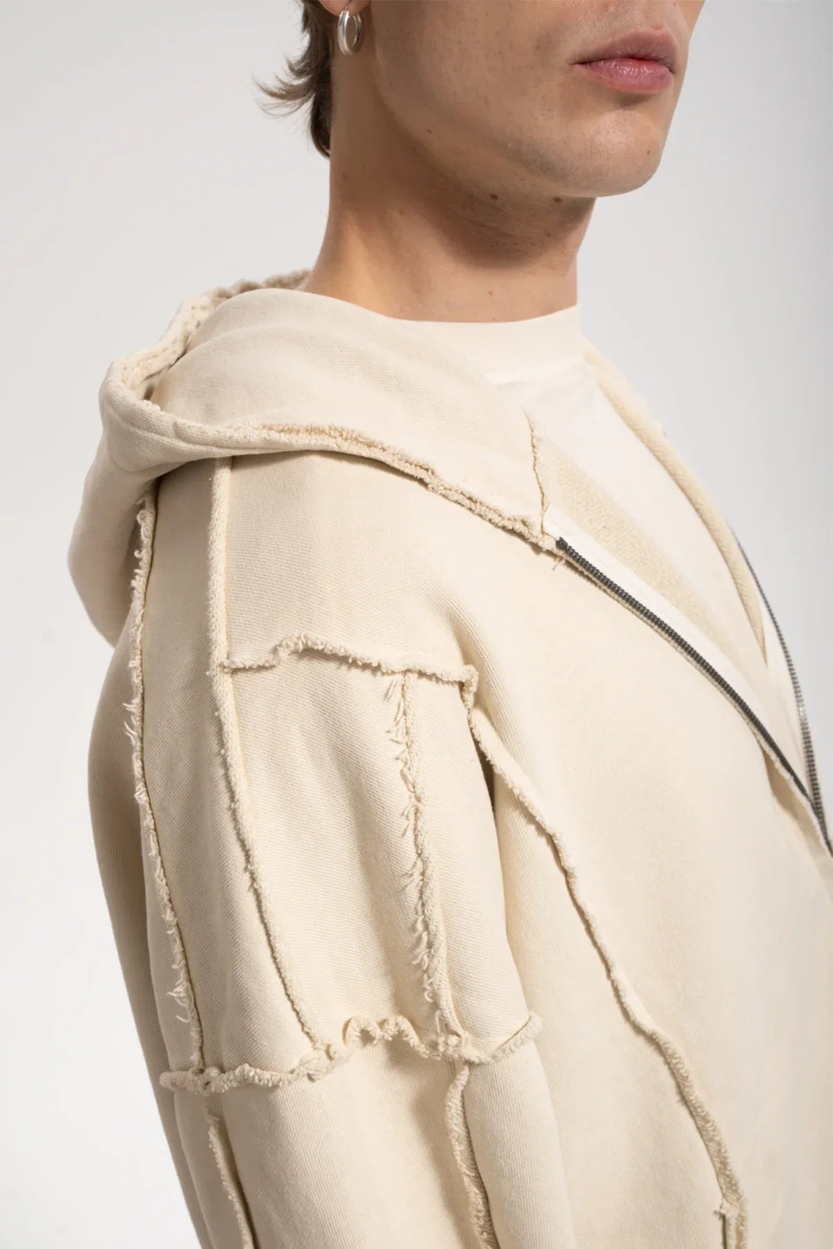 Erkek Oversized Washed Raw Seam Zip Hoodie - Bej - REST 147