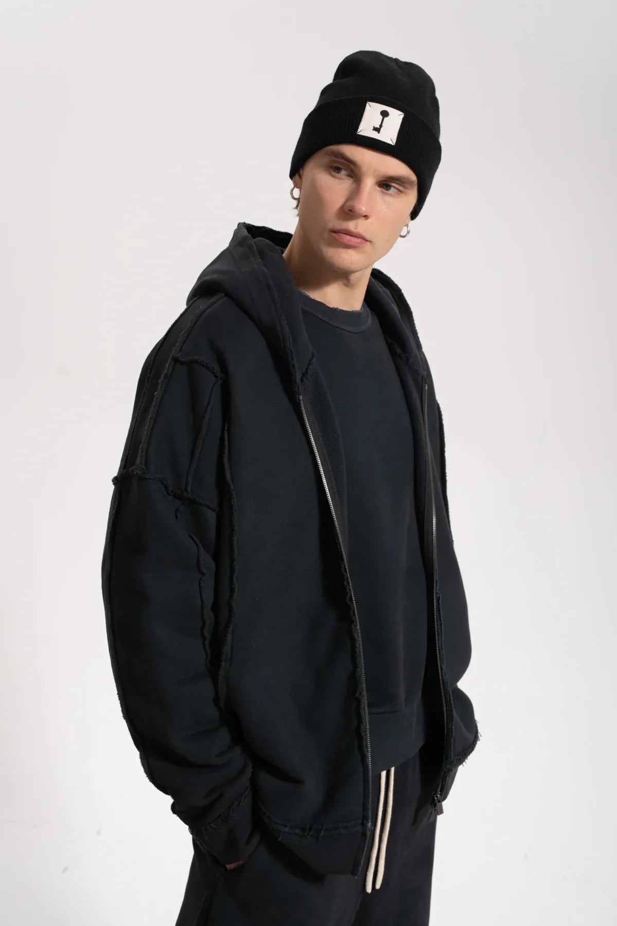 Erkek Oversized Washed Raw Seam Zip Hoodie - Siyah - REST 147