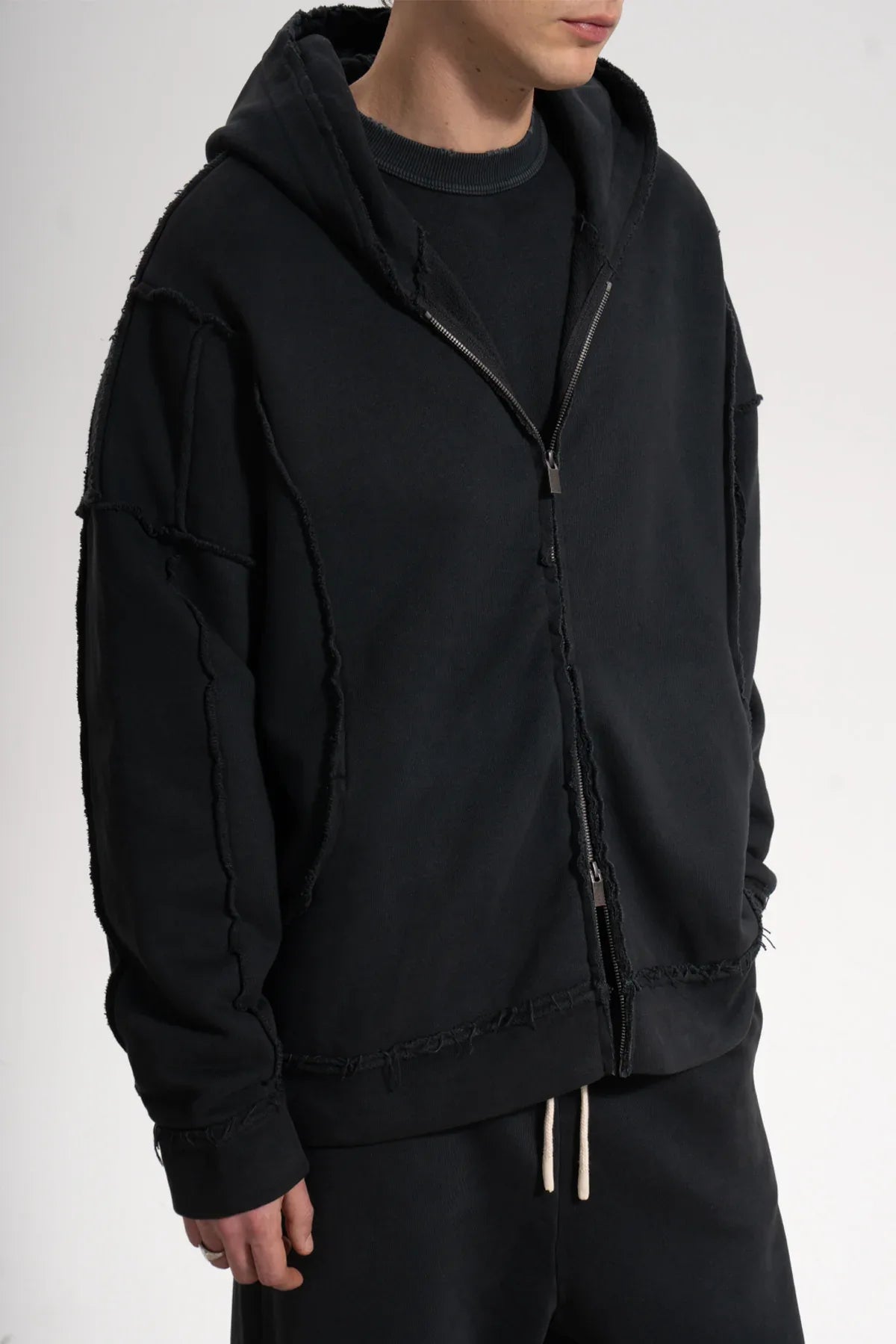 Erkek Oversized Washed Raw Seam Zip Hoodie - Siyah - REST 147