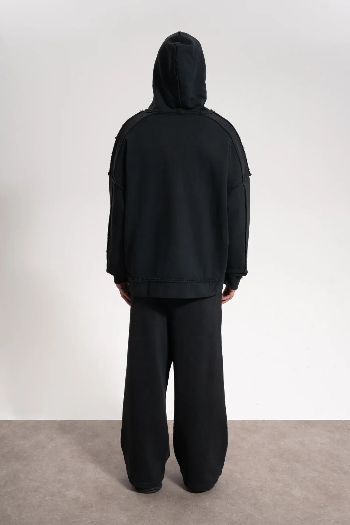 Erkek Oversized Washed Raw Seam Zip Hoodie - Siyah - REST 147