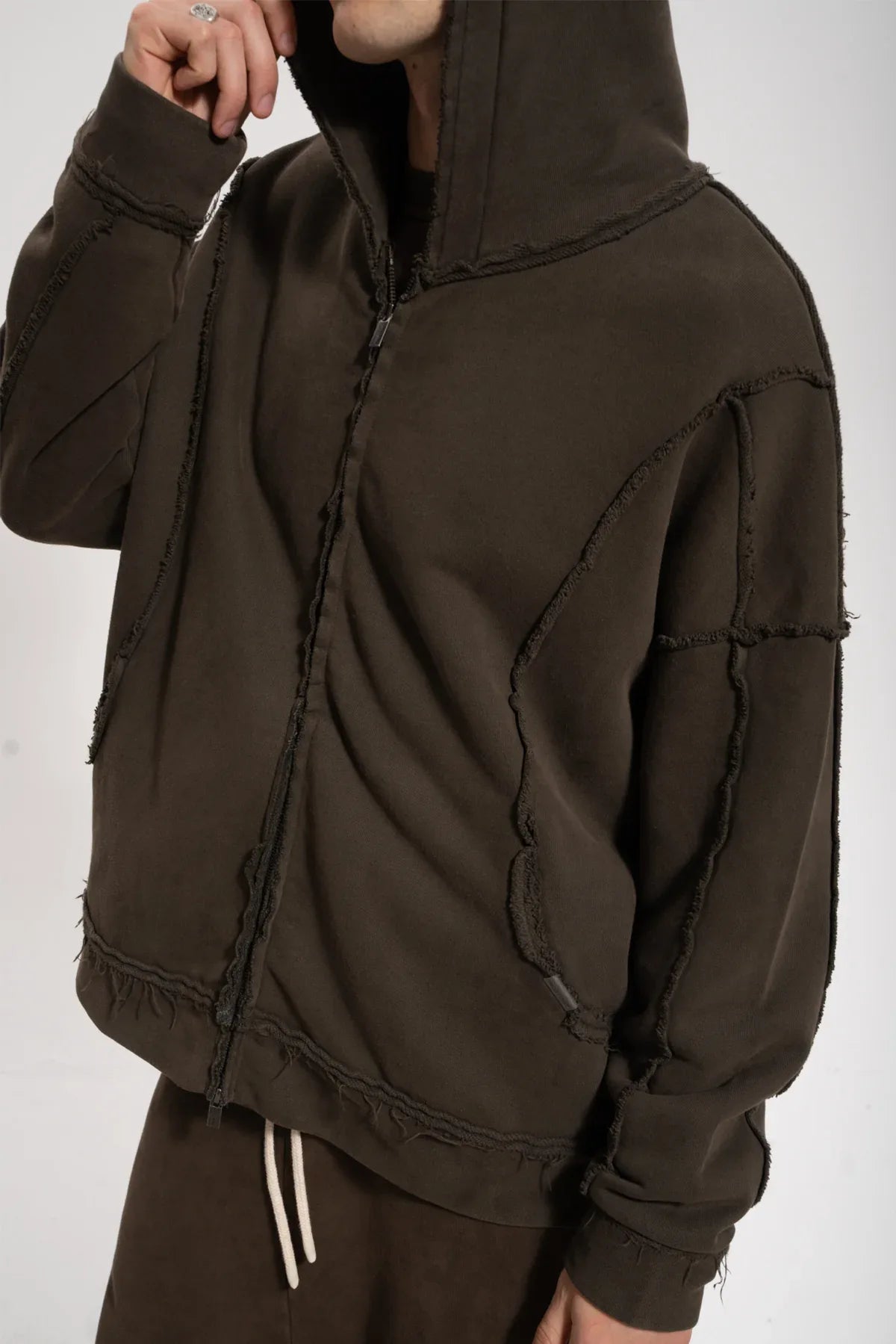 Erkek Oversized Washed Raw Seam Zip Hoodie - Kahverengi - REST 147
