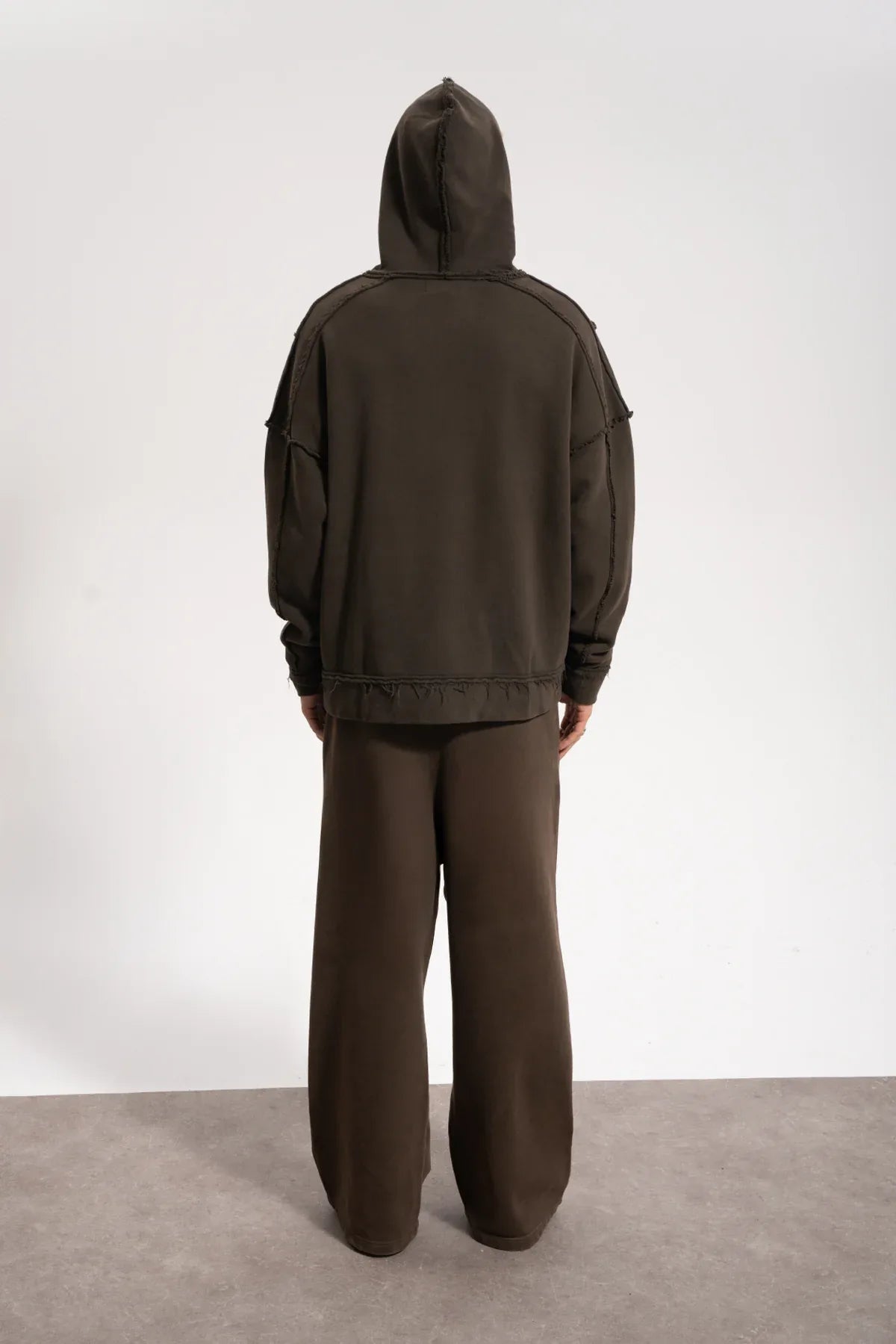 Erkek Oversized Washed Raw Seam Zip Hoodie - Kahverengi - REST 147