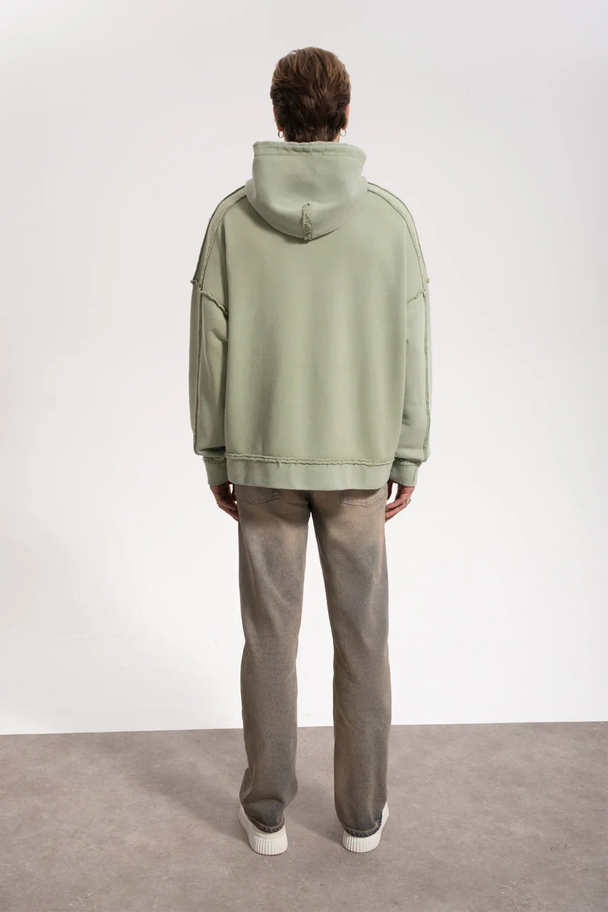 Erkek Oversized Washed Raw Seam Zip Hoodie - Yeşil - REST 147