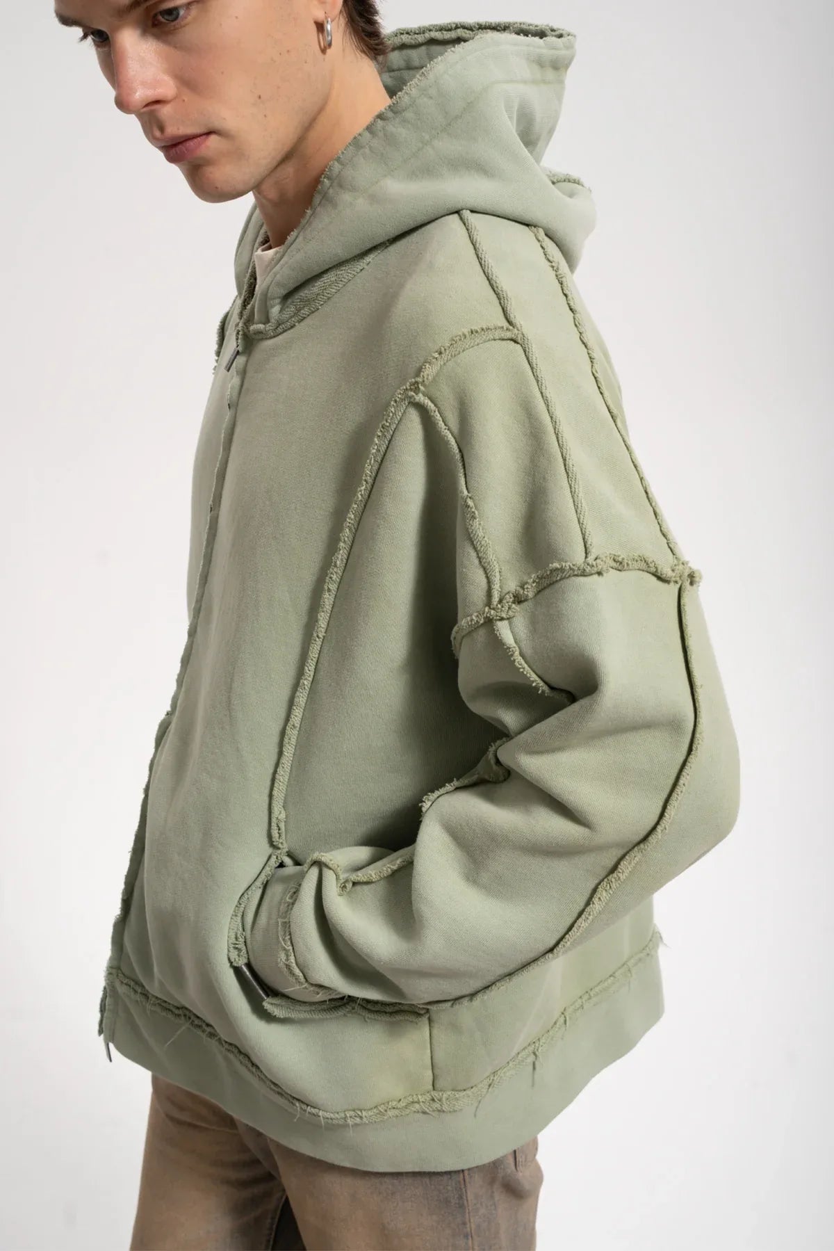 Erkek Oversized Washed Raw Seam Zip Hoodie - Yeşil - REST 147