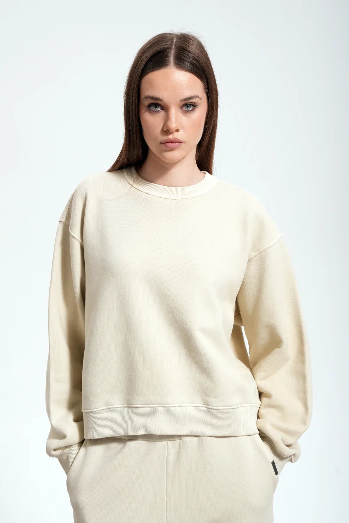 Kadın Boxy Fit Oversized Washed Sweatshirt - Bej - REST 147