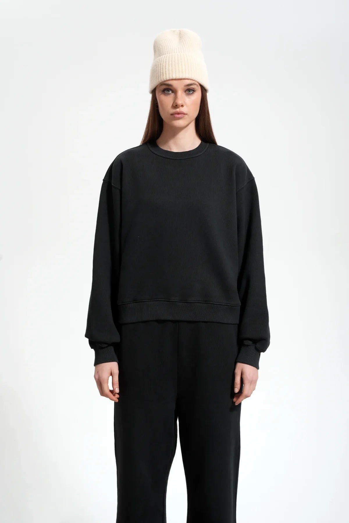 Kadın Boxy Fit Oversized Washed Sweatshirt - Siyah - REST 147