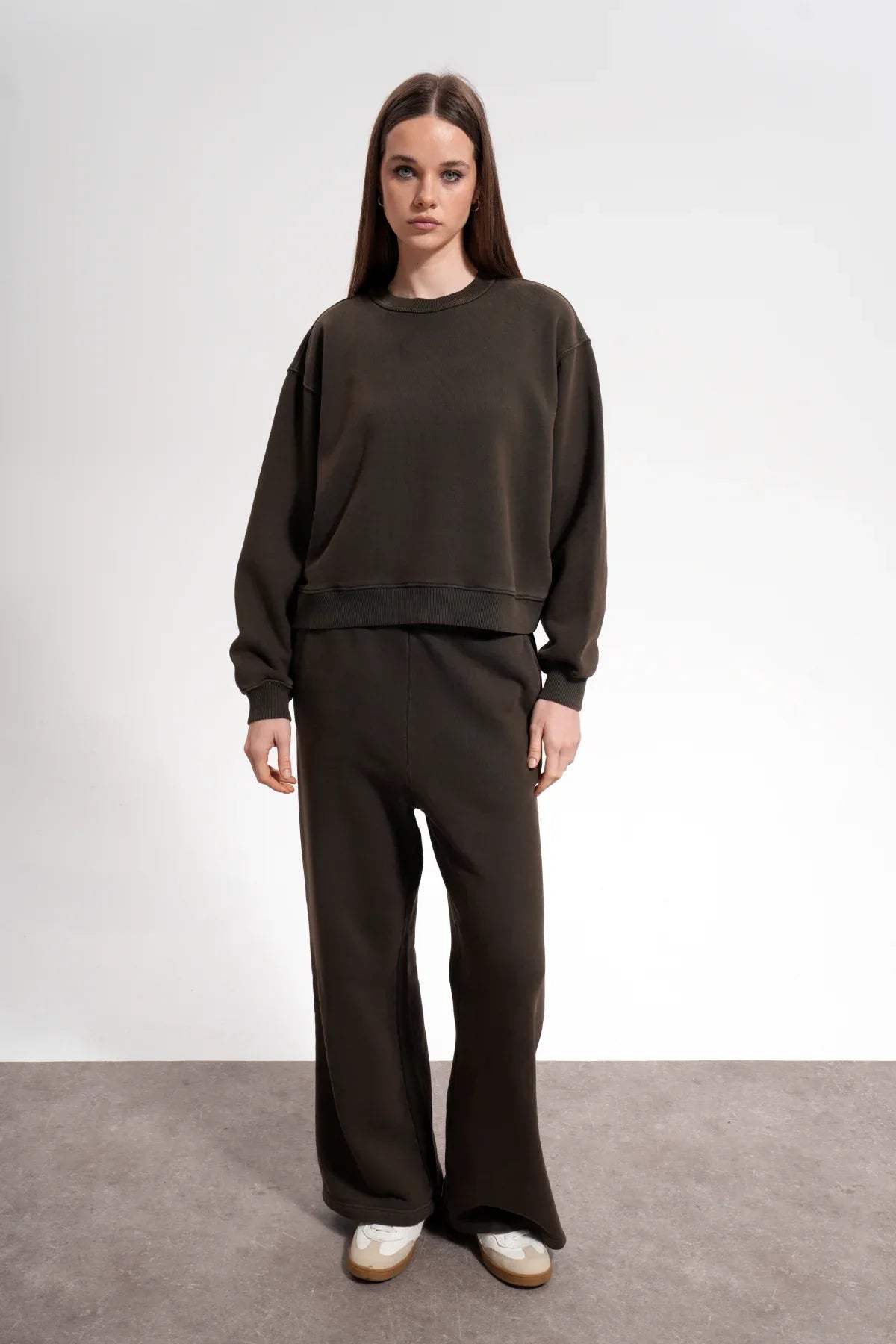 Kadın Boxy Fit Oversized Washed Sweatshirt - Kahverengi - REST 147