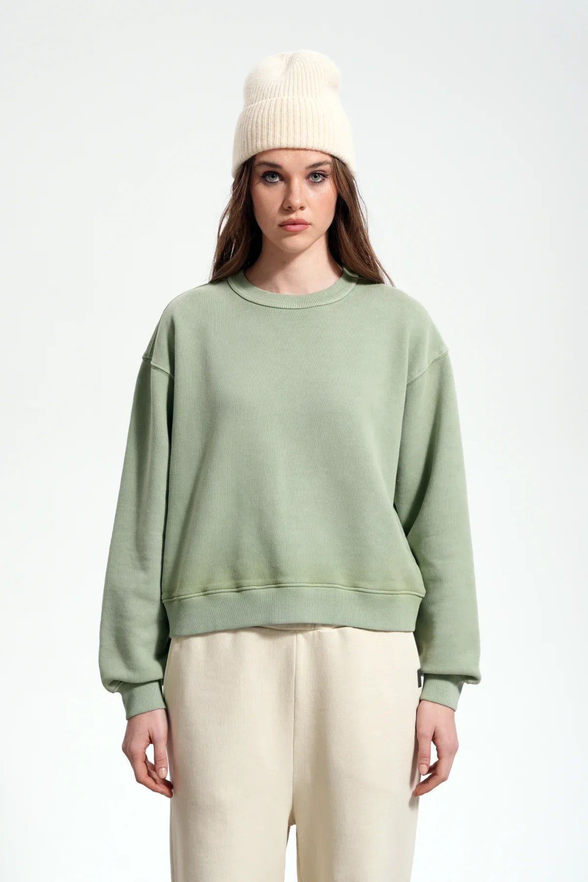 Kadın Boxy Fit Oversized Washed Sweatshirt - Yeşil - REST 147