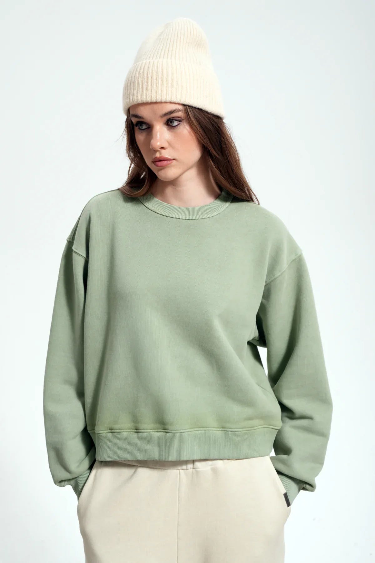 Kadın Boxy Fit Oversized Washed Sweatshirt - Yeşil - REST 147