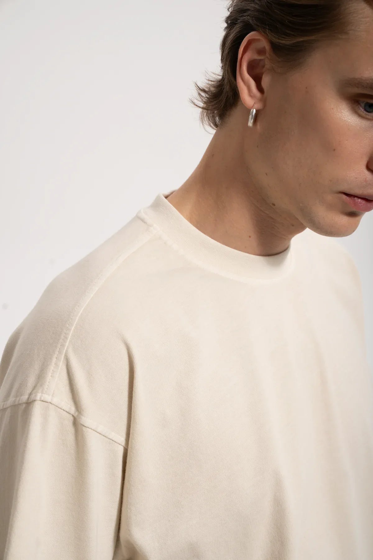 Erkek Oversized Washed Basic T-Shirt - Bej - REST 147