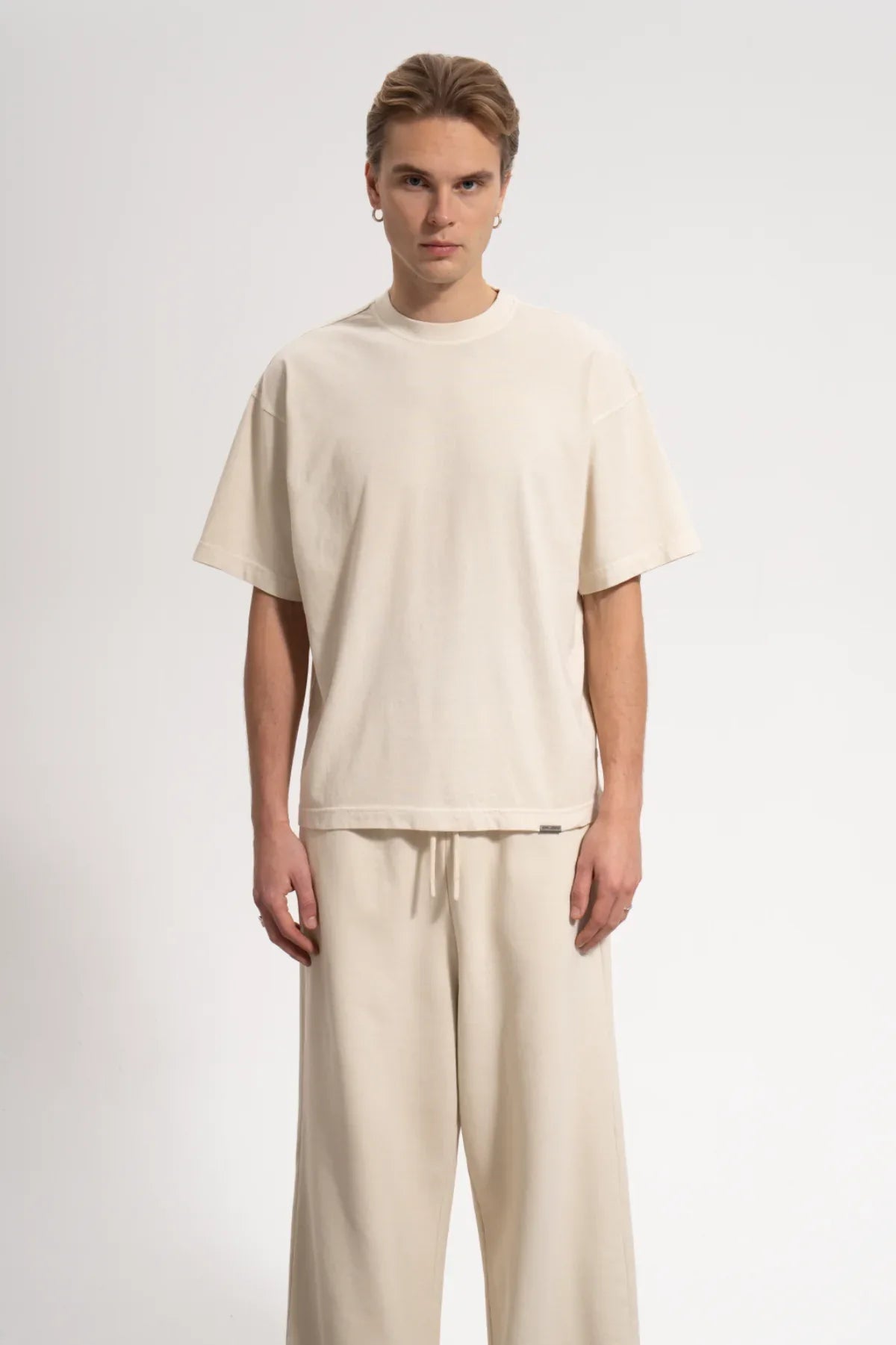 Erkek Oversized Washed Basic T-Shirt - Bej - REST 147