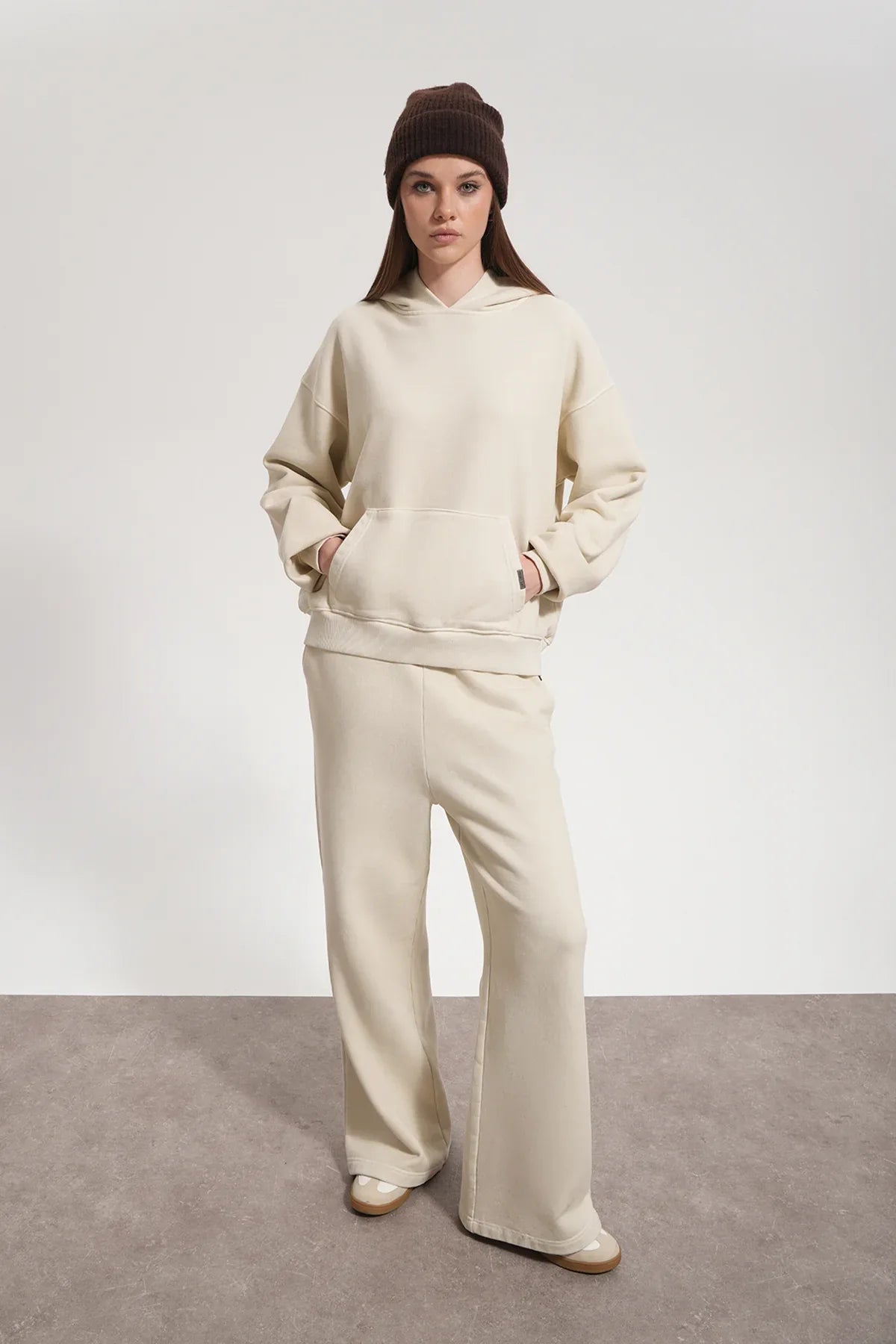 Kadın Flared Wide Leg Washed Sweatpants - Bej - REST 147