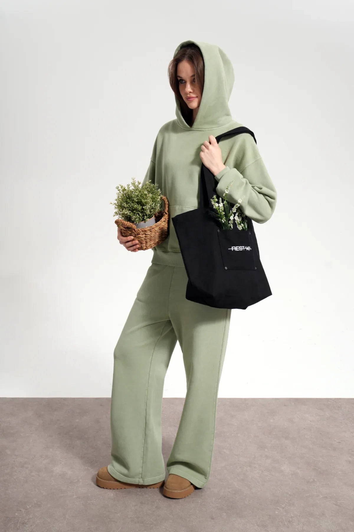 Kadın Boxy Fit Washed Hoodie - Yeşil - REST 147