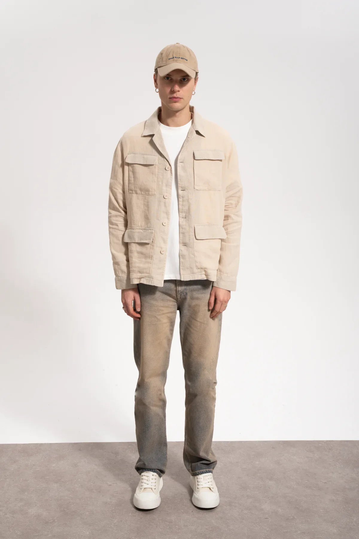 Erkek Relaxed Fit Linen Shirt - Bej - REST 147