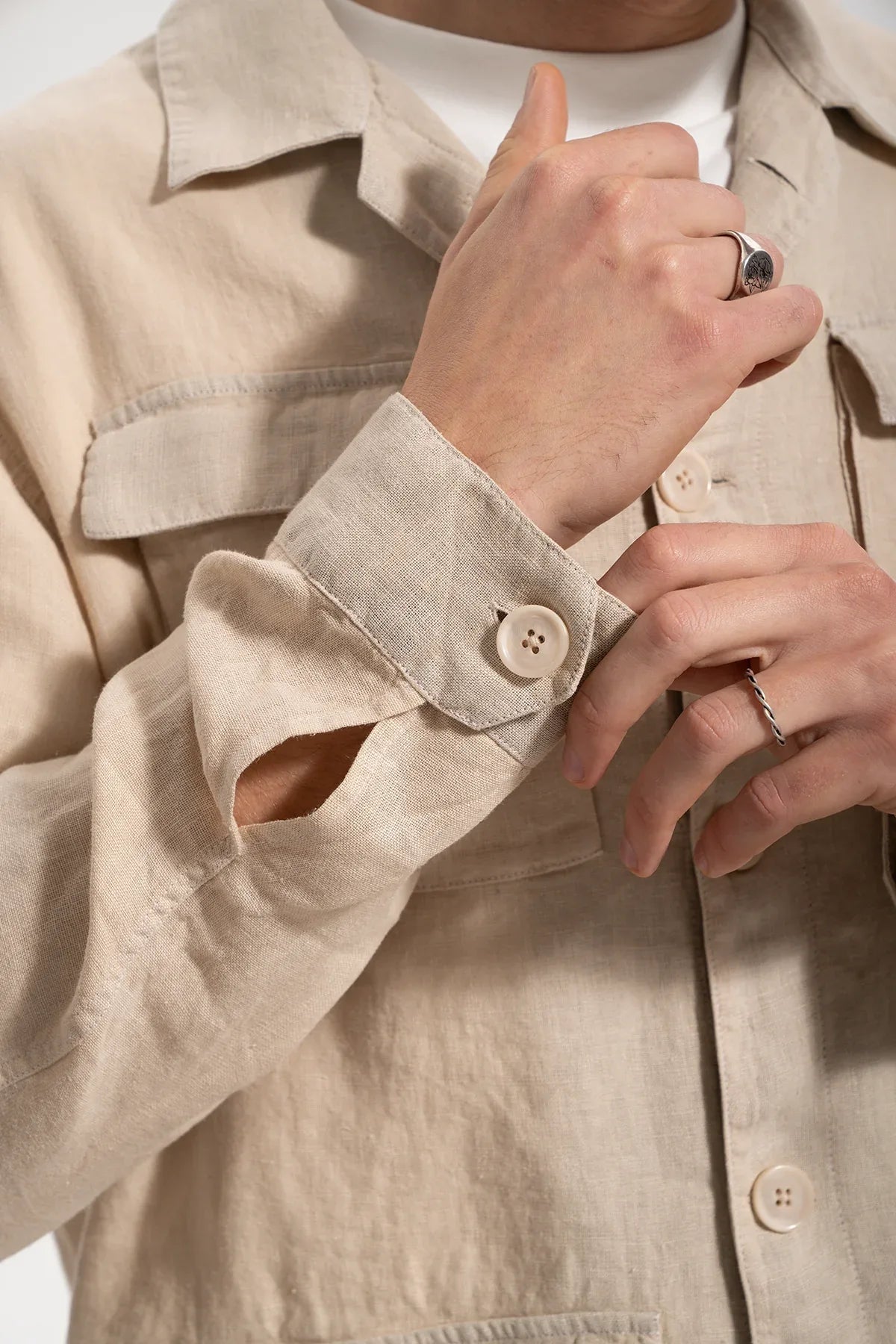 Erkek Relaxed Fit Linen Shirt - Bej - REST 147